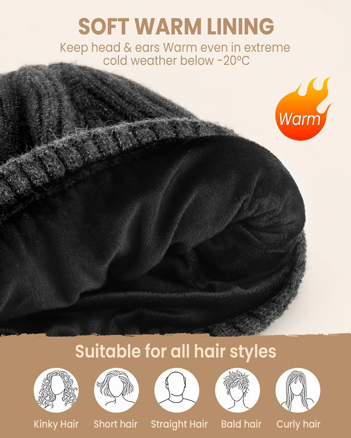 Winter Beanie Hat for Men & Women, Fleece Lined Thermal Knit Hat Ski Beanie Skull Cap Cuffed Cap for Cold Weather - Image 2