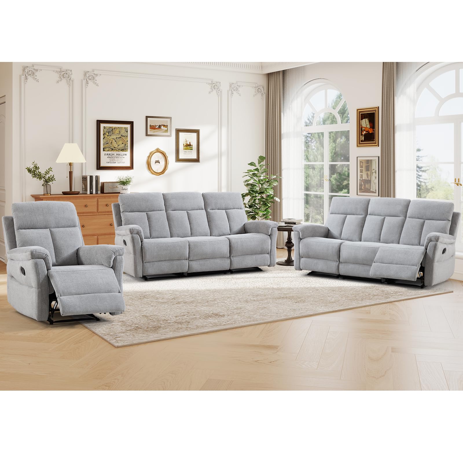 ANJ 3-Piece Manual Recliner Sofa Set, Recliner Chair and Two 3 Seat Reclining Sofas with Overstuffed Backrest and Supportive Backrest, Fabric Reclining Couch Set for Living Room, Silver