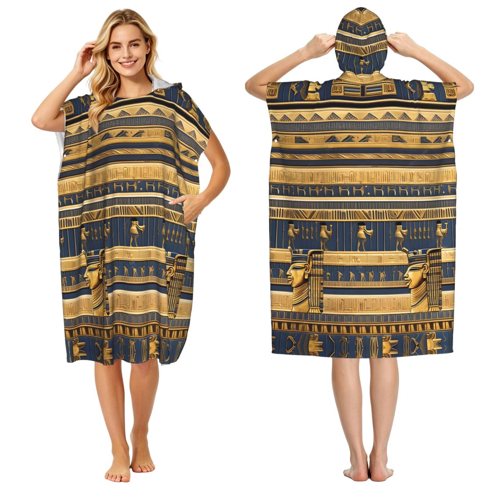 Zaixiansj 110cm Egyptian Pharaonic Frescoes Print Adult Changing Robe Hooded Towel Poncho Surf Swim Beach Cover Up with Pockets