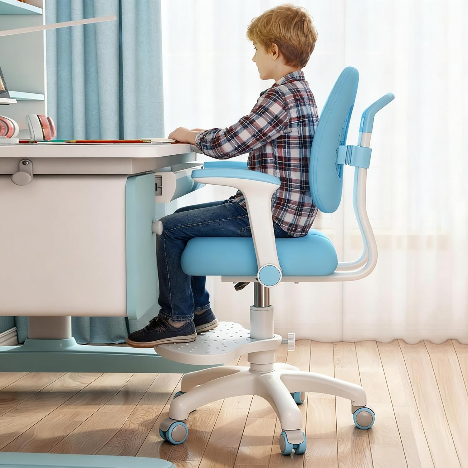 Kids Study Chair, Adjustable Kids Desk Chair for Homework & Study, Office Chairs with Dual Back Support, Height Adjustable Desk Chairs for Kid 3-18, Self-Locking Wheels for Study Room Blue 16.5"*16.2"