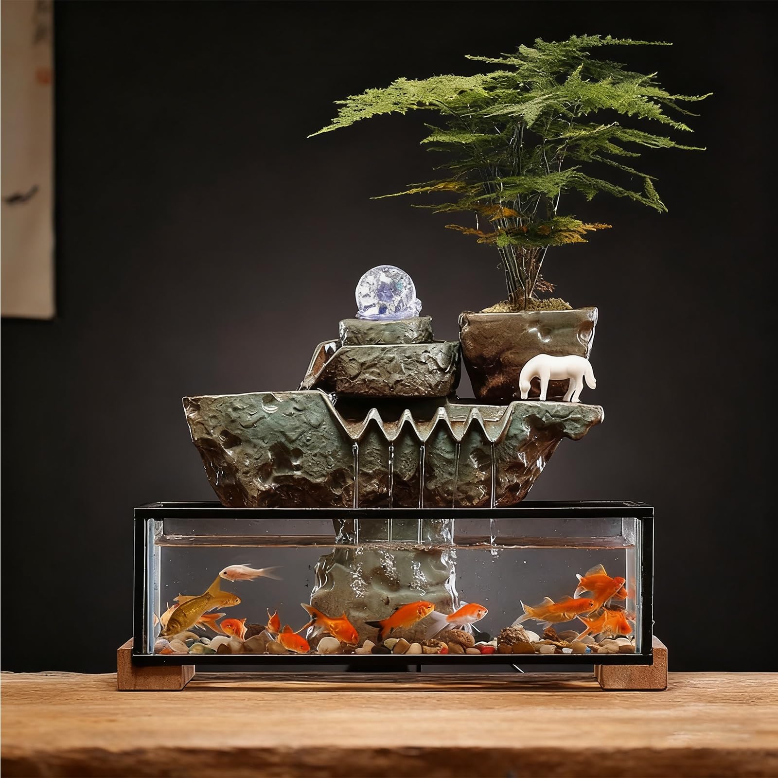 Fontana d'acqua da tavolo con ciotola per pesci e base in legno, relax zen per interni per casa e ufficio