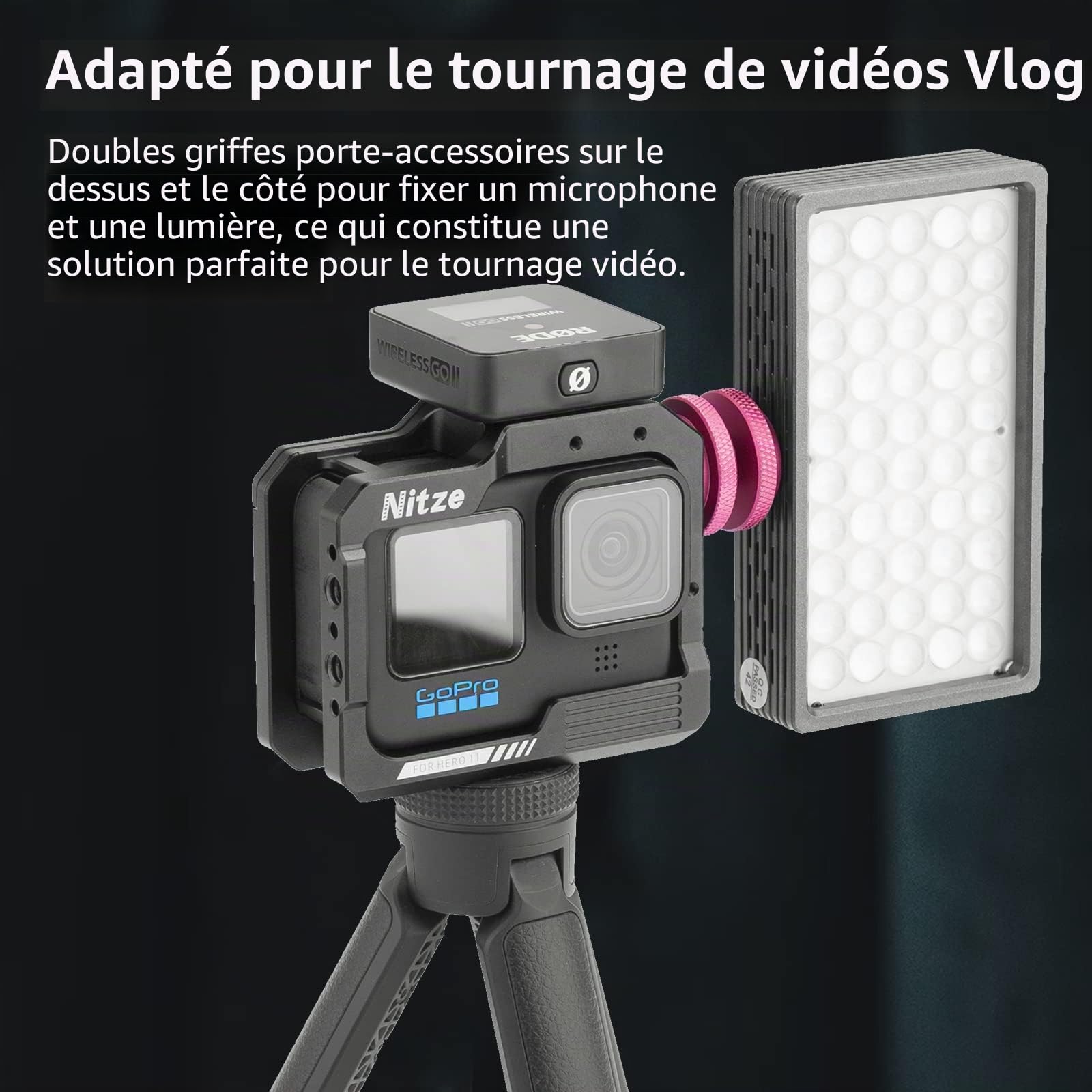 Nitze Camera Cage en Alliage d'Aluminium pour GoPro Hero 13/12/11/10/9 avec 2 Cold Shoe, Plusieurs Trous Filetés pour Lumière LED - T-GP01A
