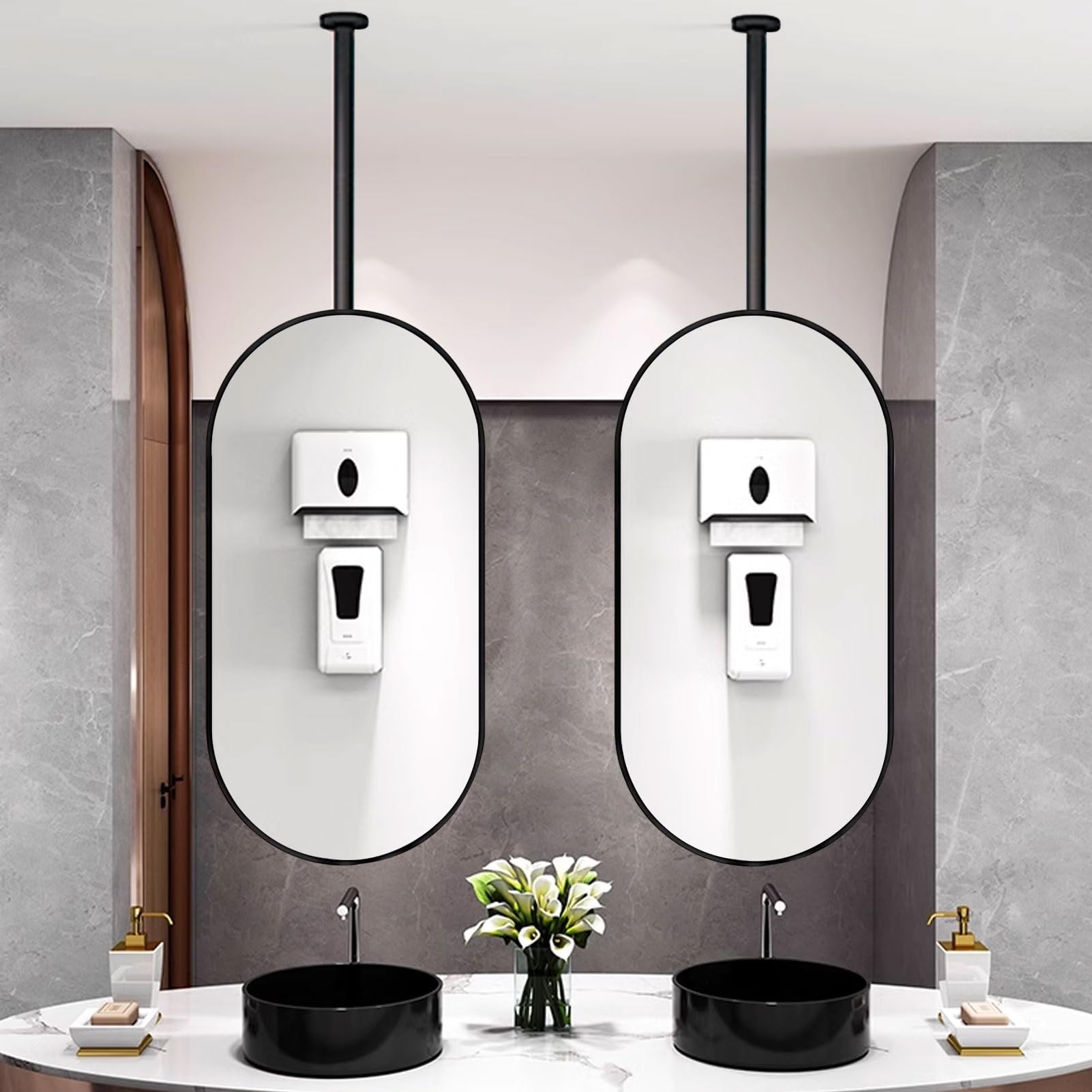 SBCGFY Nordic Black Hanging Ceiling Mirror for Bathroom Large MetalFramed WallMounted Vanity Mirror with Customizable Arm