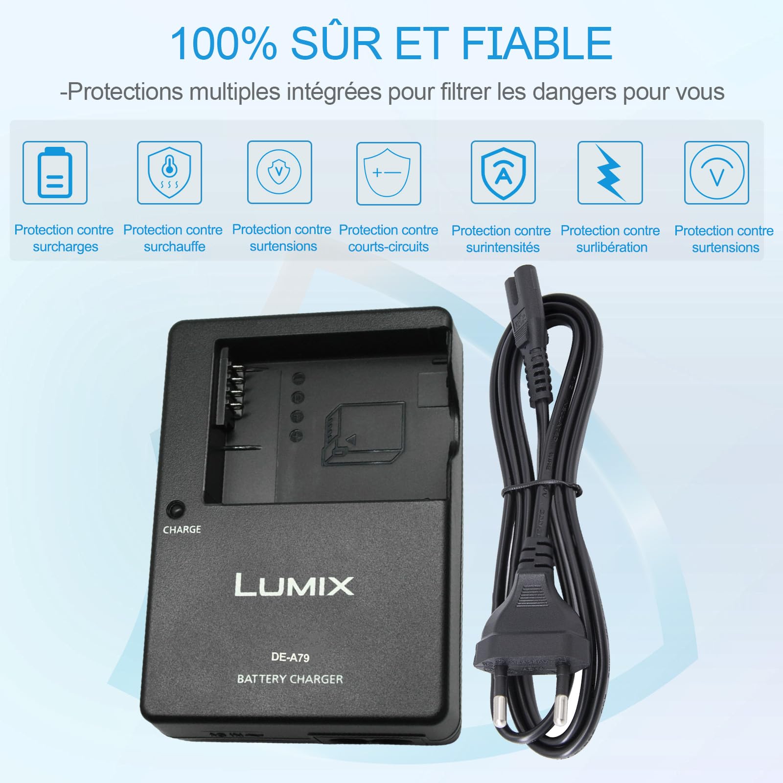DE-A79 DE-A80 DMW-BLC12 Chargeur de Batterie Compatible avec Panasonic Lumix DC-FZ1000 II, DC-G95, DMC-GX8, DMC-FZ200, DMC-FZ300, DMC-FZ1000, DMC-FZ2500, DMC-G7 HS Appareil Photo & 120cm AC Cord