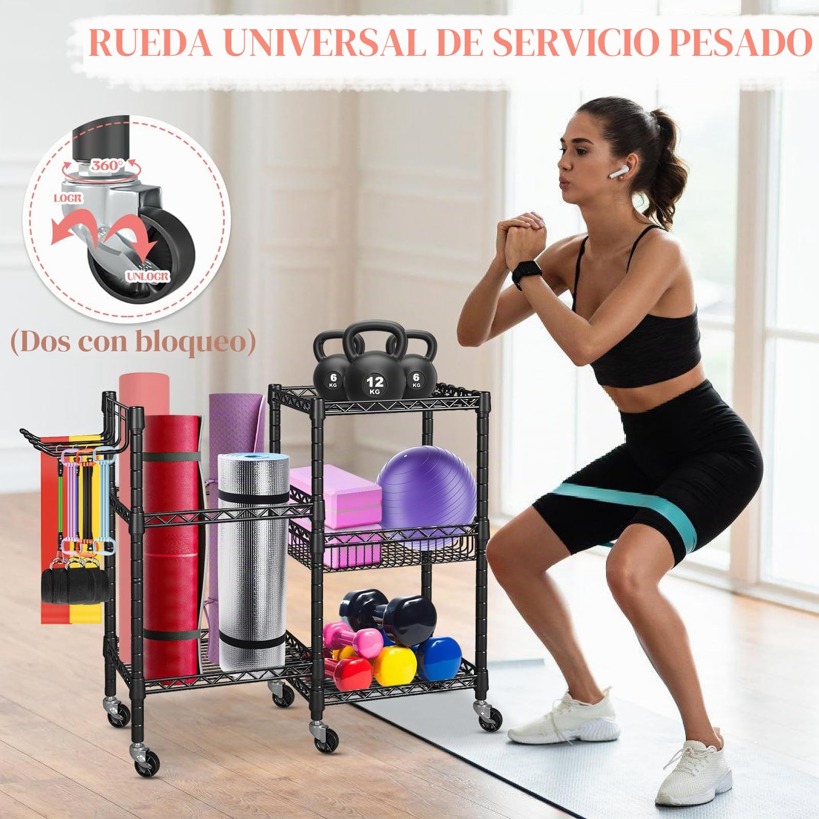 Estantería Fitness de 3 Niveles con Ruedas Bloqueables y Ganchos – Organizador de Acero al Carbono para Mancuernas, Esterillas de Yoga y Bandas de Resistencia, Capacidad 120 KG