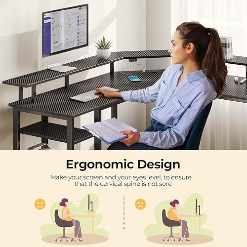 Miniatura 7 de Rolanstar Escritorio para juegos en forma de L con luces LED y tomas de corriente, escritorio de computadora de 53 pulgadas con soporte completo