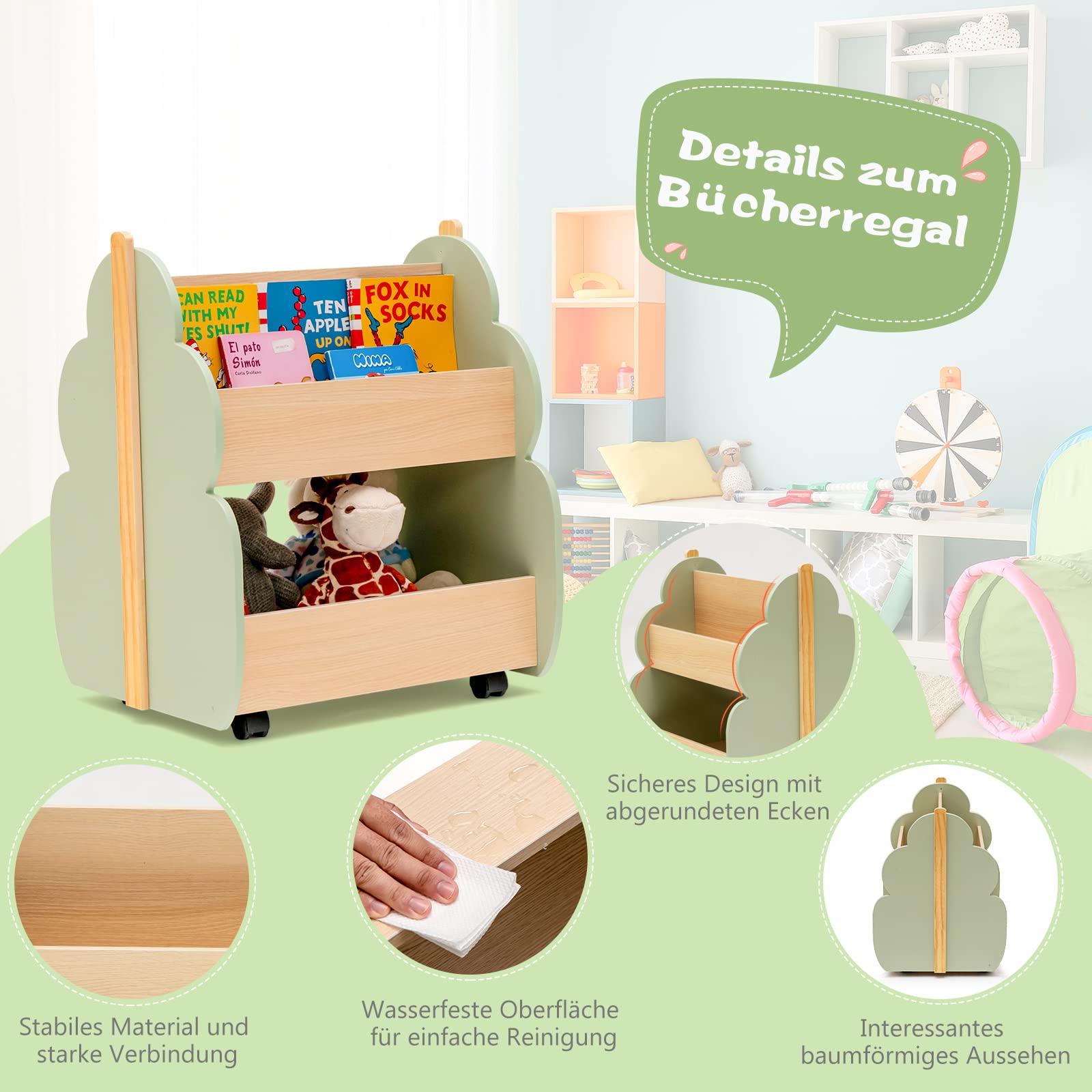 COSTWAY Kinder Bücherregal auf Rollen, 2 Ebenen Spielzeugregal aus Holz, 52 x 46 x 62,5 cm (Grün)
