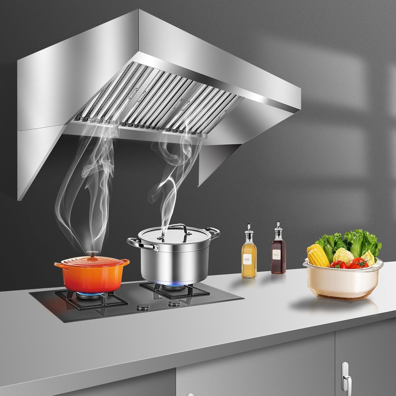 9FT Commercial Exhaust Hood, 201 Stainless Steel Rust-Resistant Vent Hood with 4 Detachable U-Shaped Grid Oil Filter for Food Truck, Concession Trailer & Commercial Restaurant Kitchen