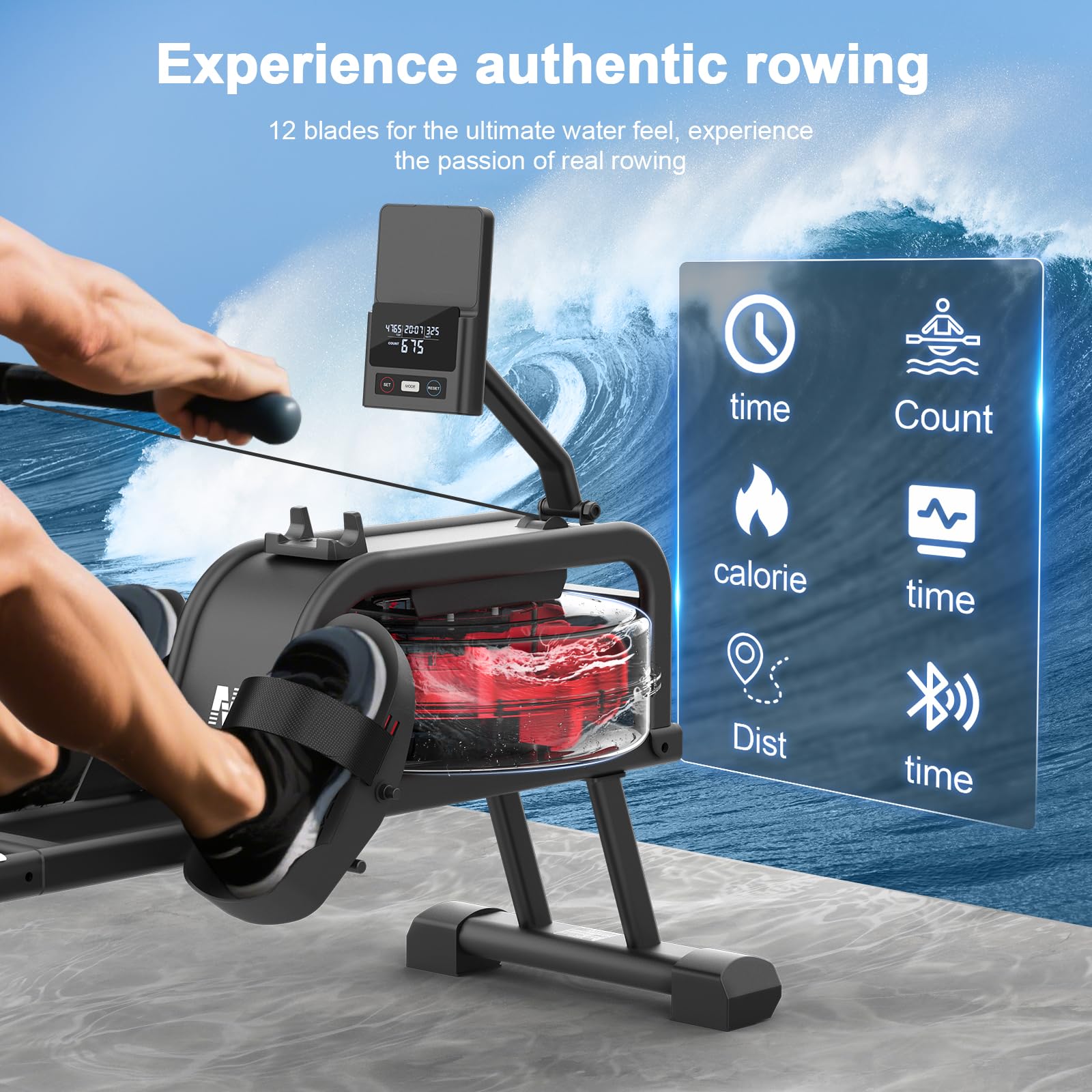 Neezee Rudergerät für zuhause, Rudergerät Wasser mit Professioneller Bluetooth-Monitor und Tablet-Halterung, Max 160kg Belastbar, Vertikale Lagerung, Transporträder für Einfache Bewegung