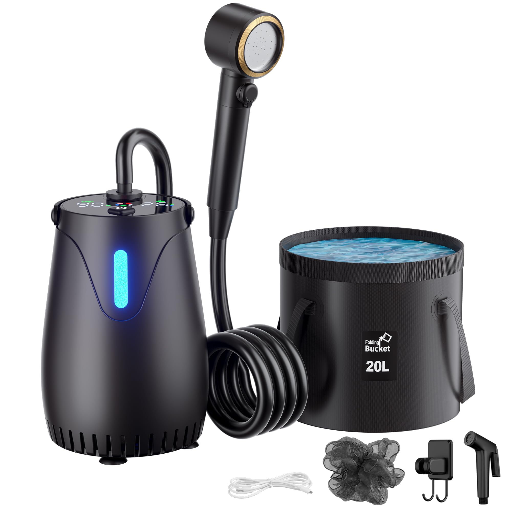 Portable Camping Shower with 20L Collapsible Bucket – 8000mAh Rechargeable Camp Shower Pump IPX8 Waterproof with 5 Gear LED Light, 4 Spray Modes, Outdoor Shower Kit for Hiking, RV, Travel, Car, Pet