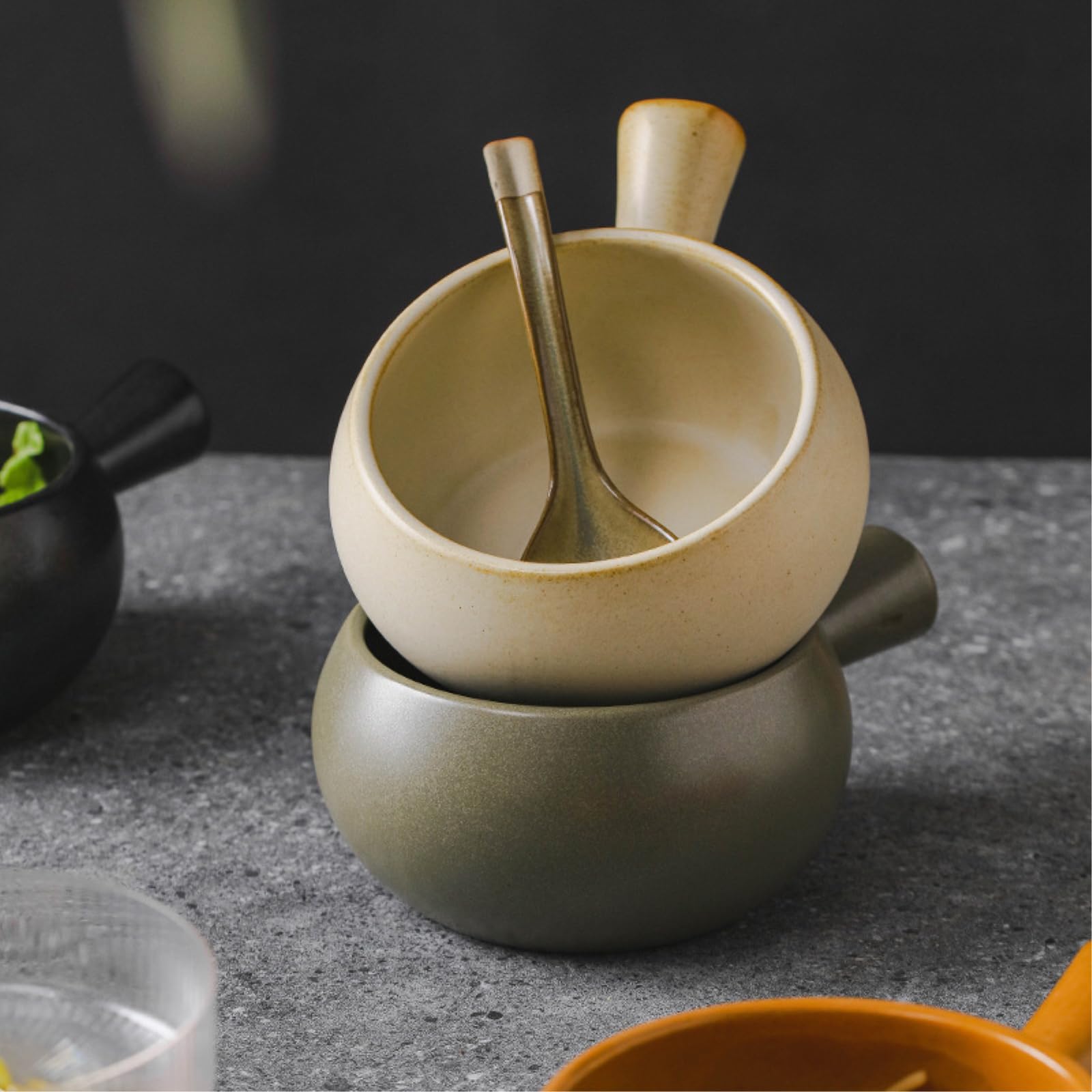 Bol à salade japonais en porcelaine grossière avec poignée en porcelaine - Orchidée grise