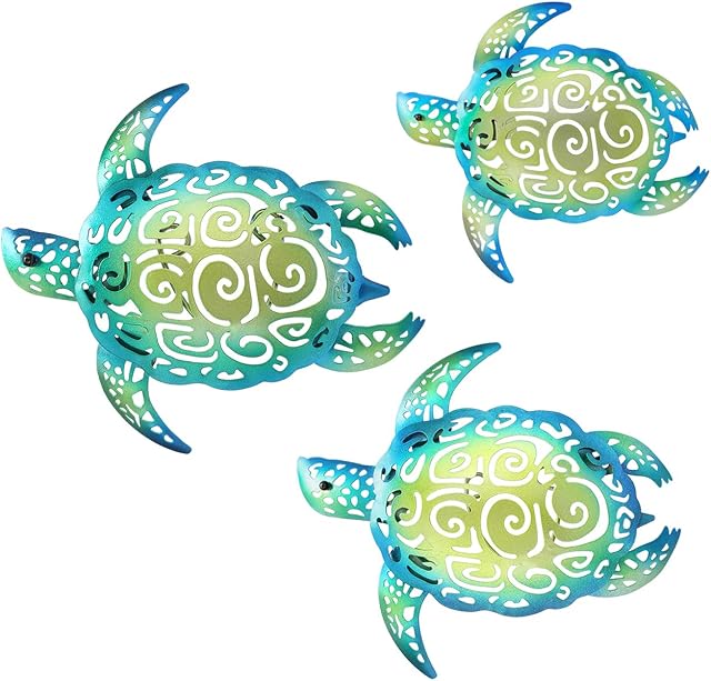 YOUIN Set of 3 Metal Sea Turtle Beach Theme Decor Wall Art Decorations for Indoor Outdoor Bathroom Garden