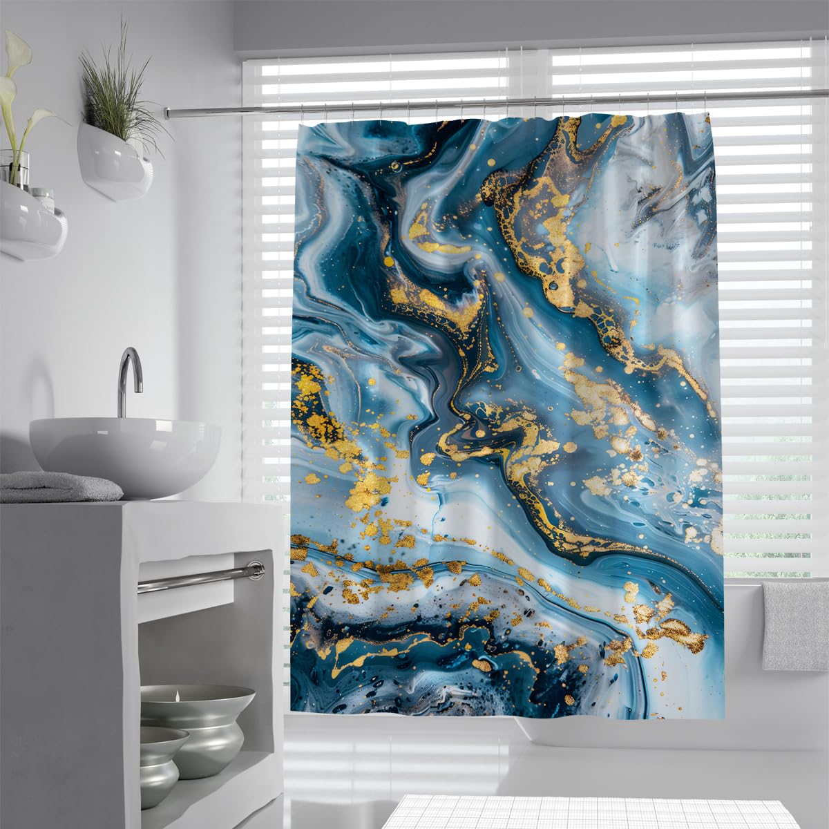 UIRINGART Luxury Deep Sea Bath Drapery W180xL200cm Golden Agate Abstract Liquid Fluid Marble Fabric Shower Curtains with Hooks Water Repellent Anti Mould Washable Polyester Hotel Tub