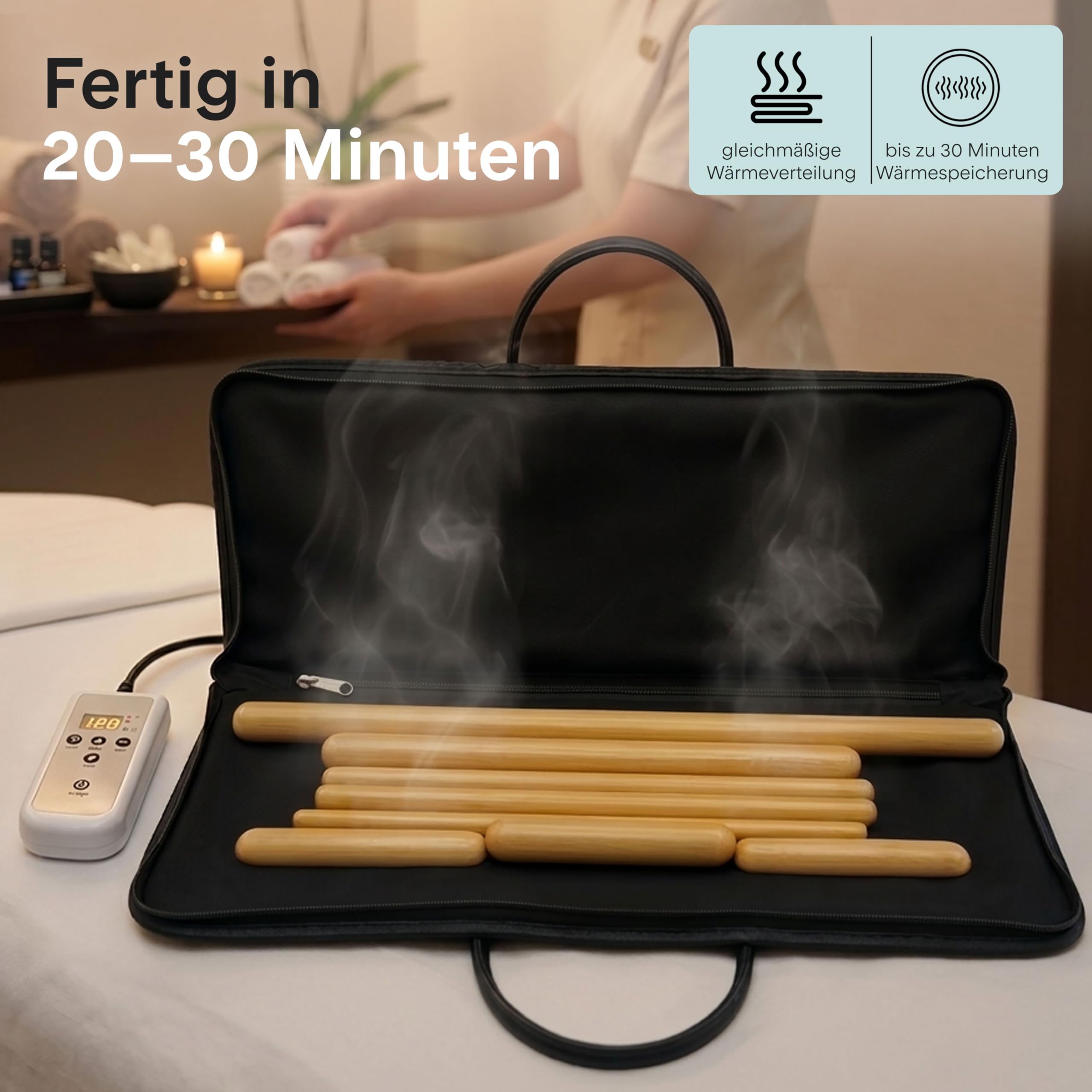 SereneLife Bamboo Massage Sticks Set – Elektrisches Bambus Wärmeset mit Heiztasche & Digitalem Temperaturregler, 8 Massage Stäbe für Rücken, Nacken, Schultern & Ganzkörpermassage
