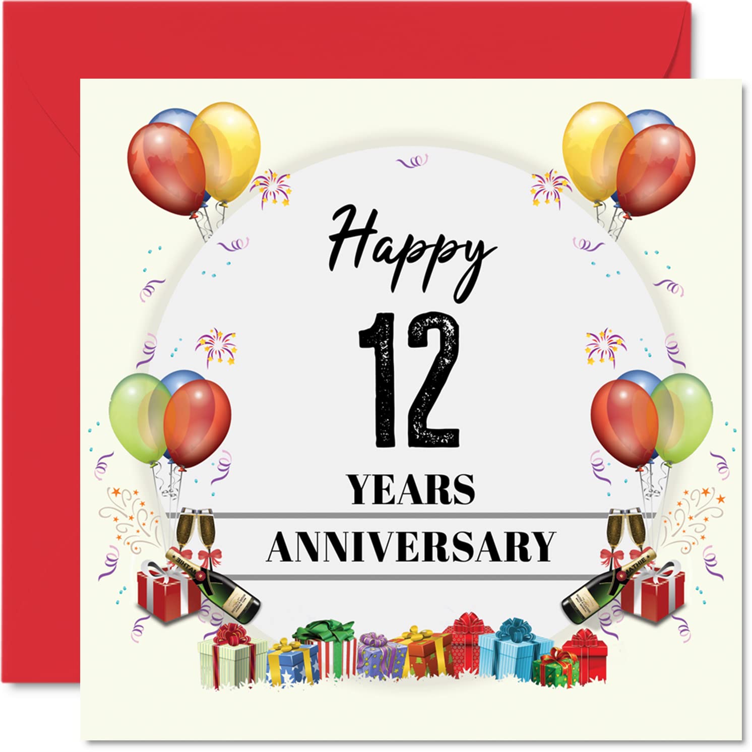 12th Anniversary Card for Husband Wife - Party Balloons - Happy 12th Wedding Anniversary Card for Partner, 145mm Greeting Cards Anniversaries
