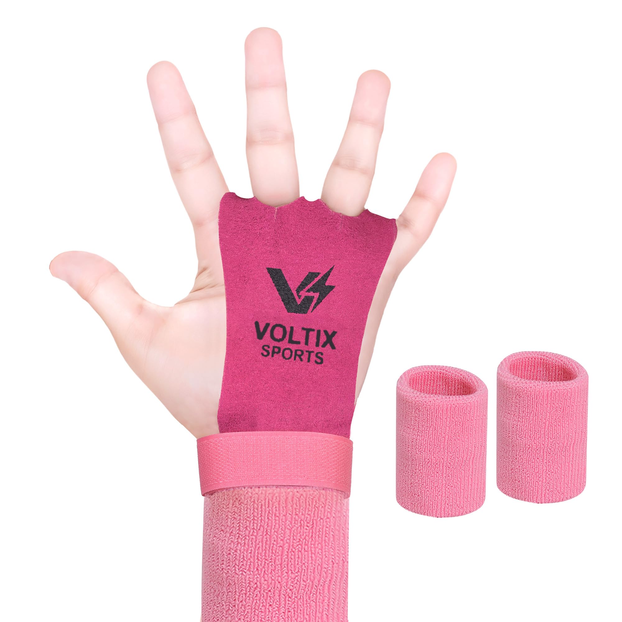 VOLTIX SPORTS Gymnastics Hand Grips with Wrist Sweatbands Set/Adjustable Wrist Support Gloves for Bars, Pull-Ups, Kettlebells, CrossFit & Gym Workouts - Pack of 2 (With Sweatbands)-Large