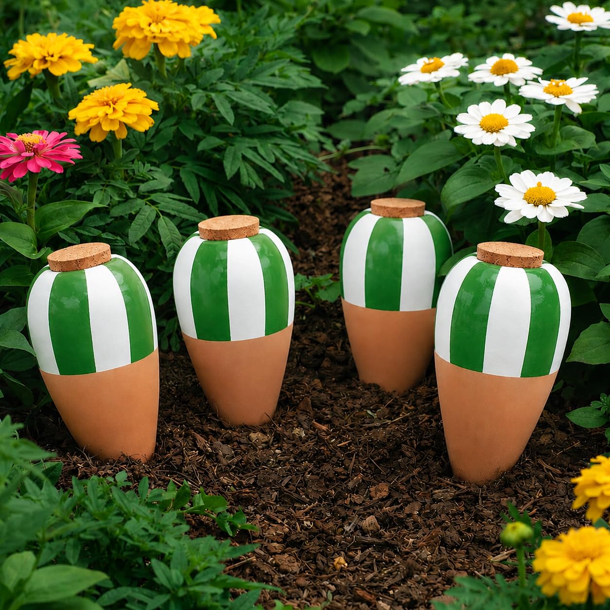 Riego automático para Plantas Interior, Conos de Riego de Terracota 4Pcs, Regadera Plantas, Dispensador de Agua autorriego para macetas-Globos de Riego Goteo para Vacación Balcón (Verde)