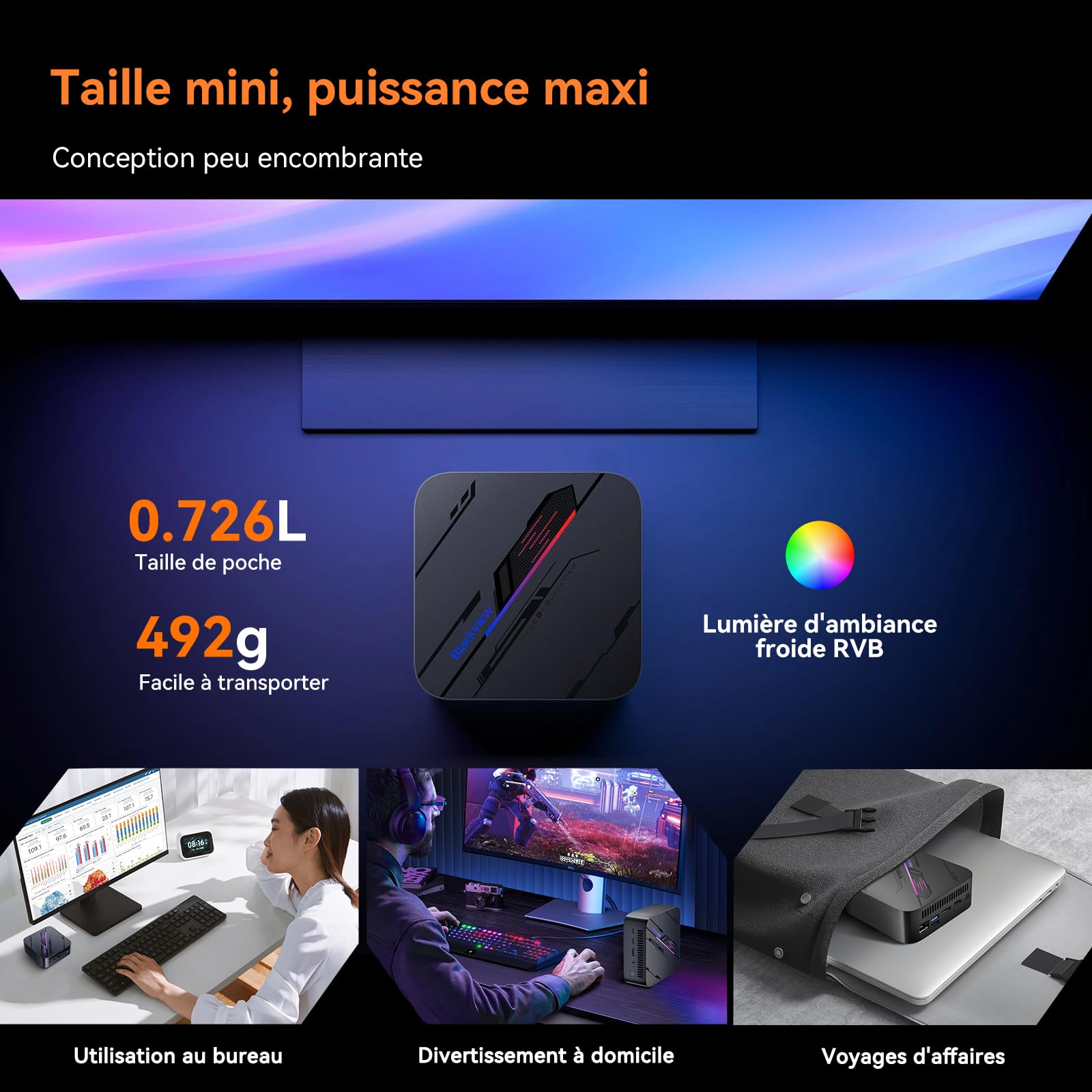 Blackview MP100 Mini PC 2025 Win11 Pro, AMD Ryzen 7 5825U(8C/16T, jusqu'à 4.5 GHz), LPDDR4 16Go RAM 512Go, WiFi6, 4K UHD Triple écran Tour PC, Double LAN, Mini Ordinateur VESA pour Bureau/Maison