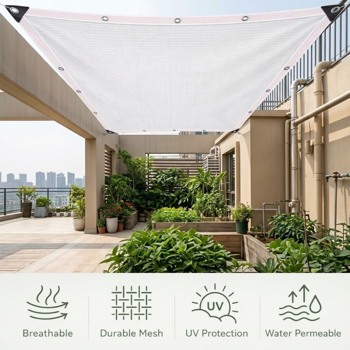 Malla de protección UV 90 % transpirable, para balcón, malla antigranizo para jardín, pérgola, diseño de ojales, tamaño 4 x 10 m