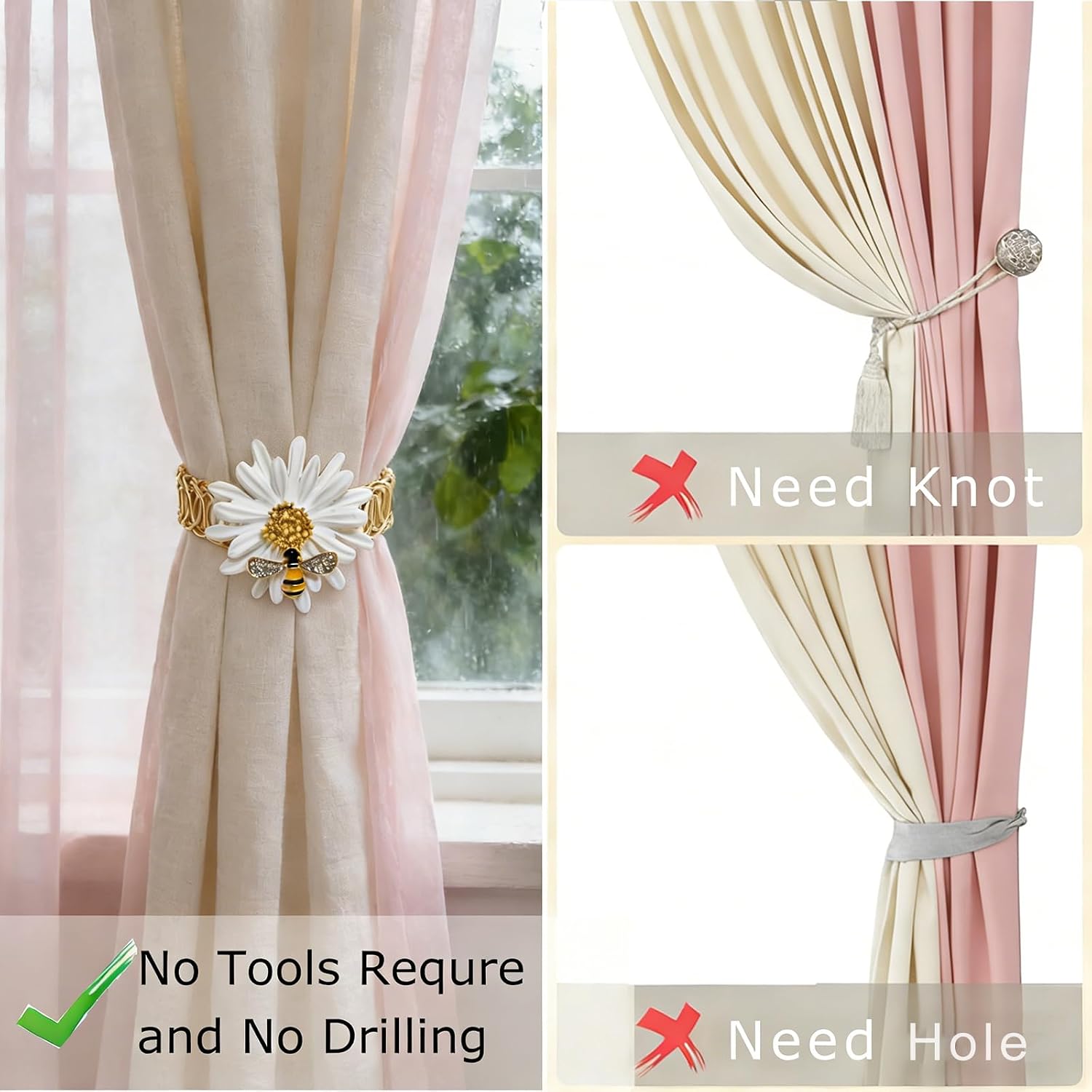 Sunflower Curtain Tiebacks 2 Pack White Daisy Curtain Holdbacks,No Drill Curtain Ties & Auto-Closing Spring Wire,Boho Curtain Tie Backs for Rustic Farmhouse Living Room Bedroom Decor