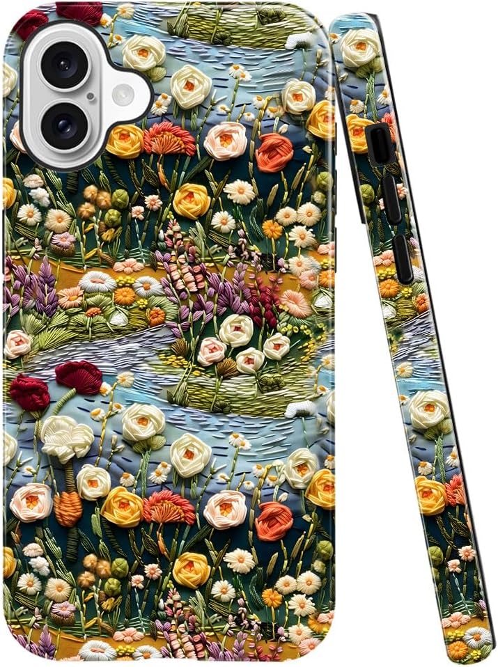 Compatible with iPhone 16,Anti-Scratch Glossy Case Cover,Embroidered Flower Floral