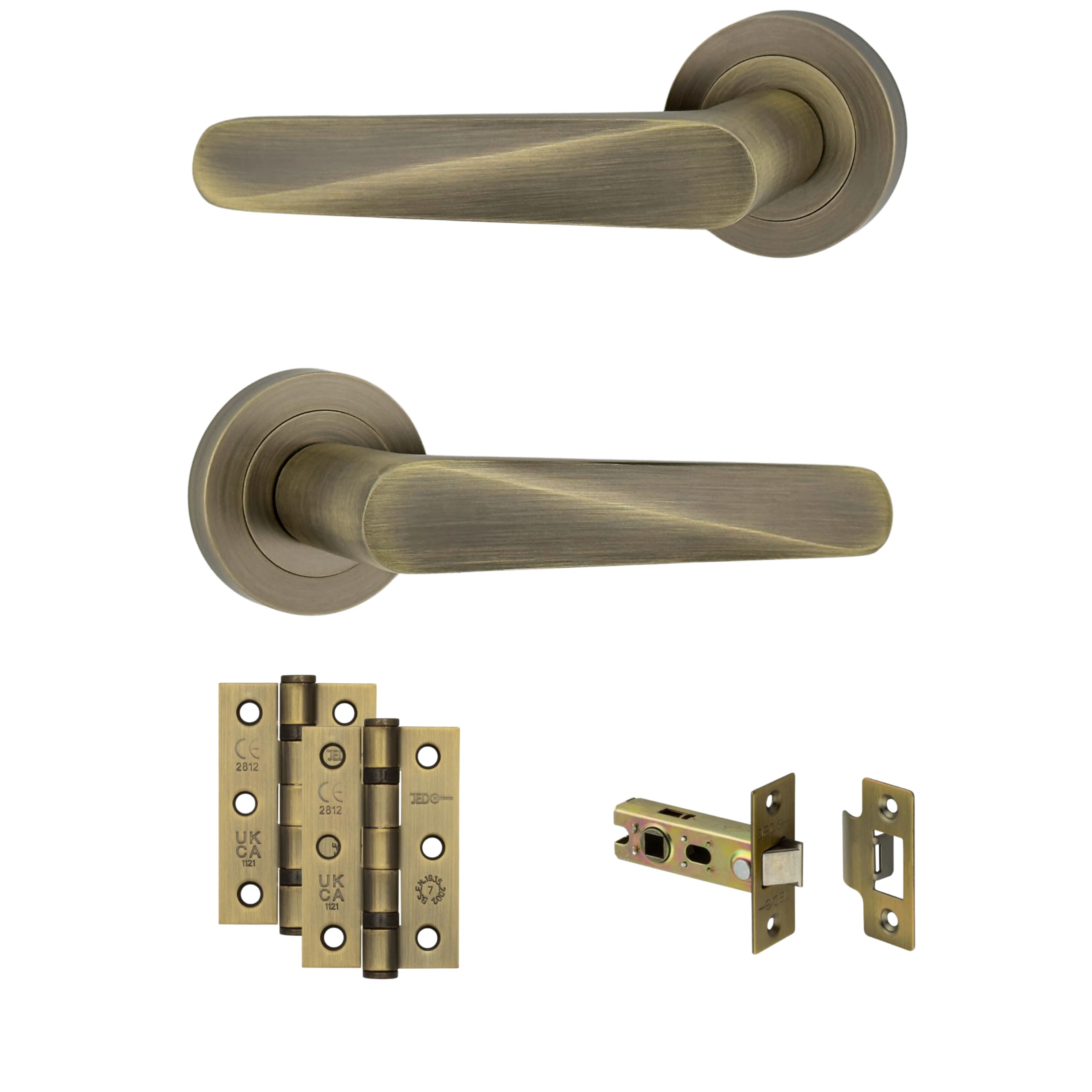 AXS Hardware Detroit Door Handles on Rose, Aluminium, Antique Brass, 127mm Lever, Concealed Fix, Internal Doors (Antique Brass, Door Pack)