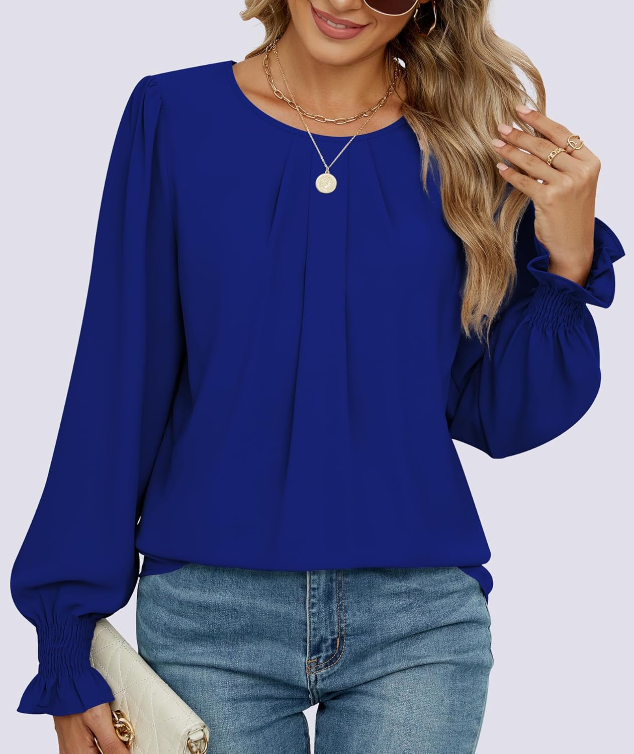 Funlingo Womens Tops Dressy Casual Smocked Long Sleeve Shirts Crew Neck Loose Chiffon Tunics Office Work Blouses - Image 2