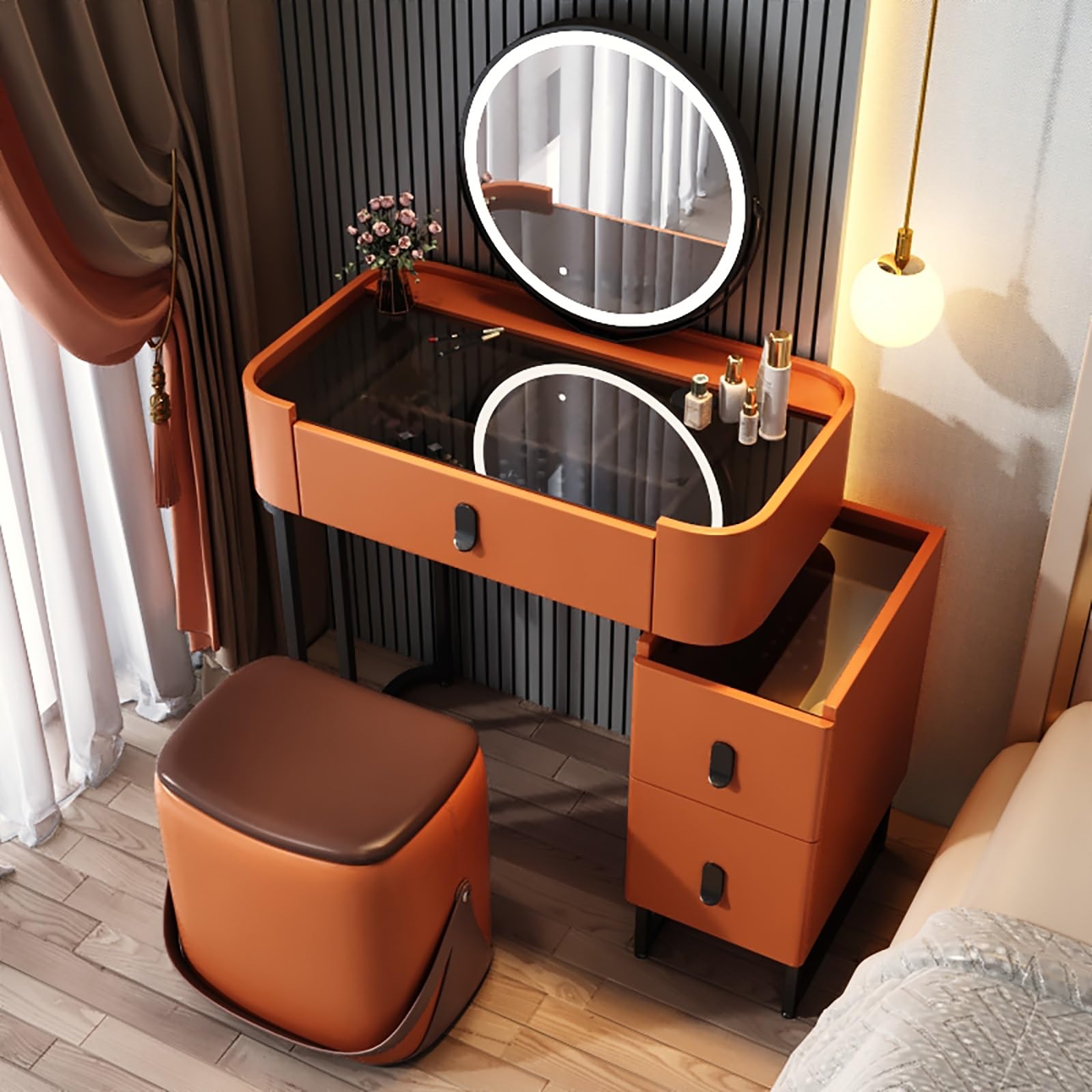 asdchZen White Adjustable Brightness Mirror Desk Wooden Makeup Table With Drawers For Bedroom & Dressing Room Perfect For Girls & Women'S Vanity Furniture
