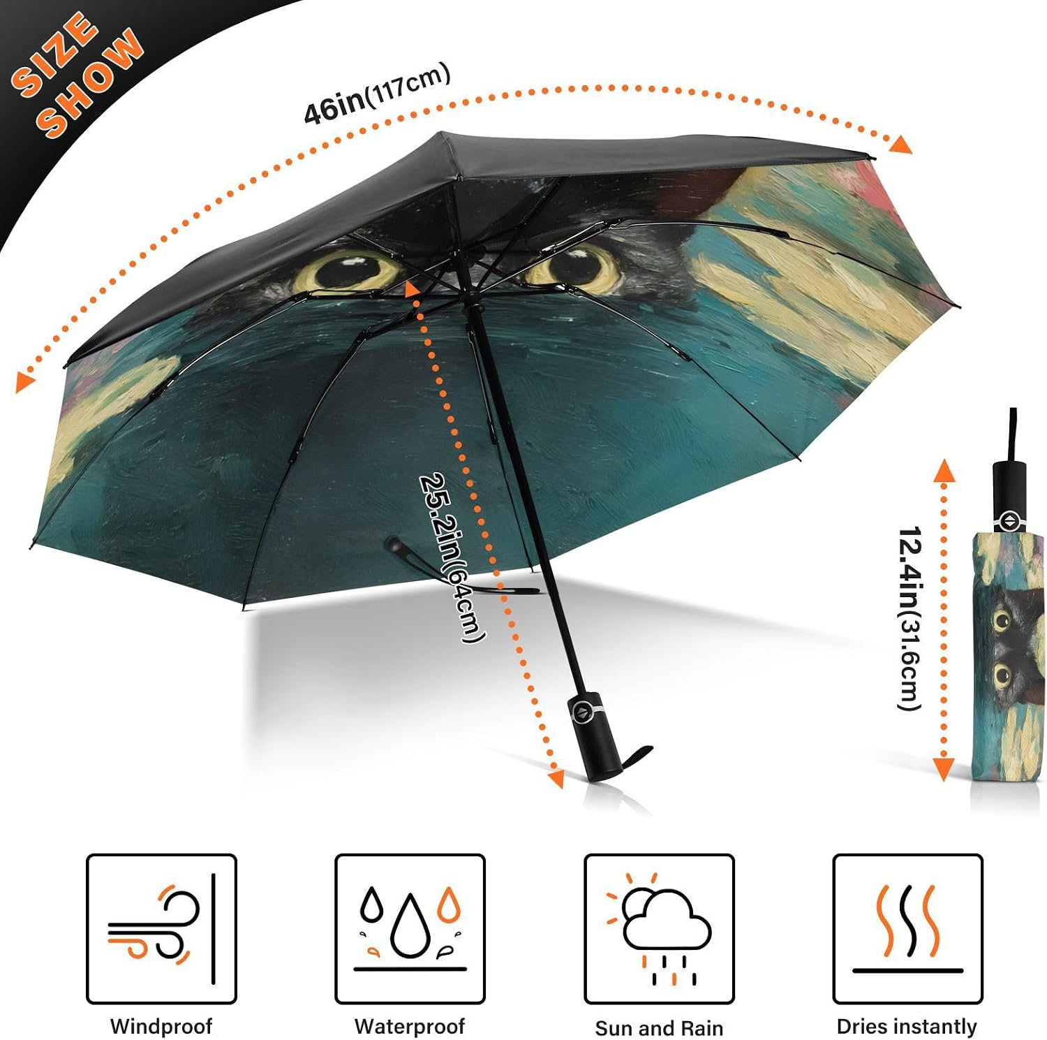 UPF 50+ Large Travel Umbrella Cat Cute Floral Compact for Rain and Sun - One-Click Automatic Open and Close - Windproof Portable 46” Sun Umbrella