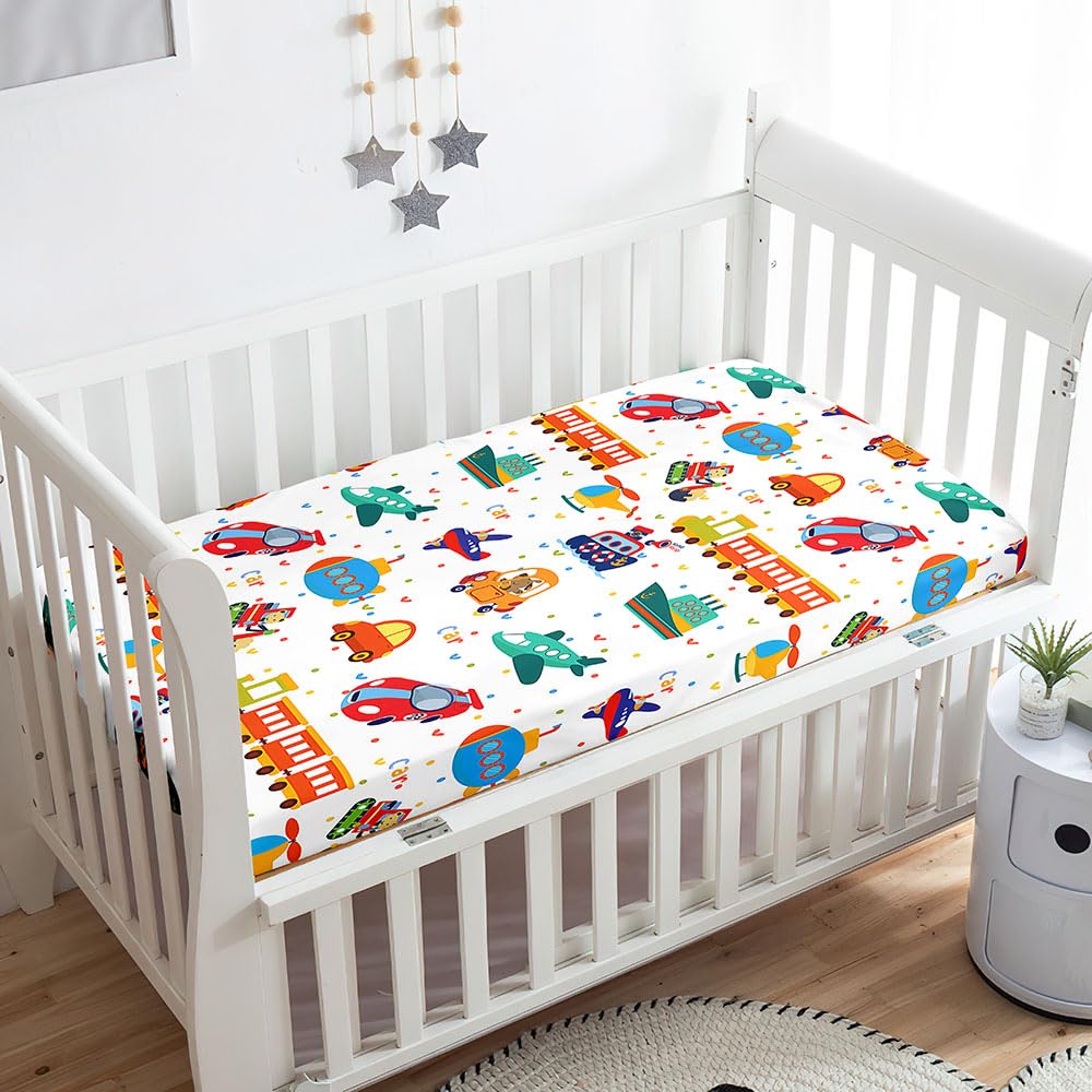 Odot Cot Bed Sheets, Cartoon Car Print Bedside Cribs Fitted Sheets, Baby Bed Sheets Microfiber Cot Bed Mattress Protector, Bassinet Sheets, Easy Care Soft and Dureable (65x95 cm,Airplane)