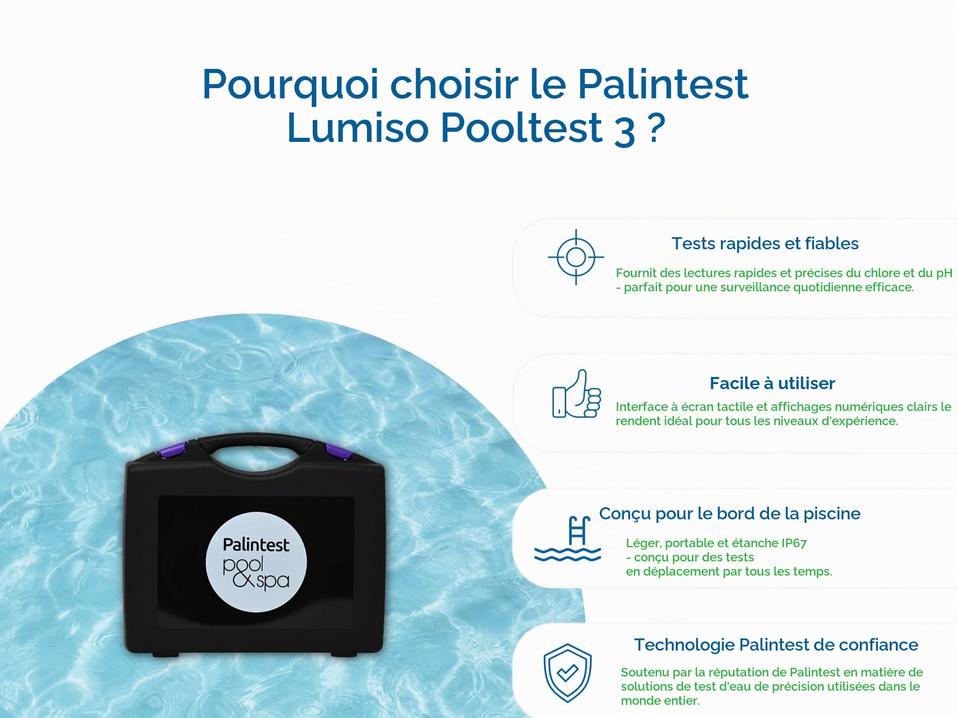 Palintest - Lumiso Pooltest 3 | Teste le chlore, le pH et l'acide cyanurique | Smart Tech avec USB | IP67 | Comprend 3 tablettes de rouge phénol et DPD | Pour piscines et spas, multicolore