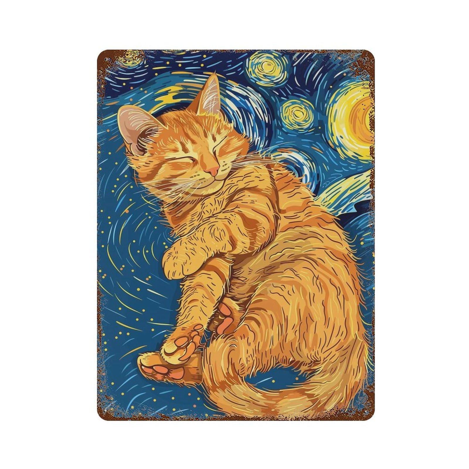 Starry Night Cat Aged Metal Wall Plaque 15.7"x11.8", Industrial Home Decor for Pub, Kitchen And Man Cave Decor