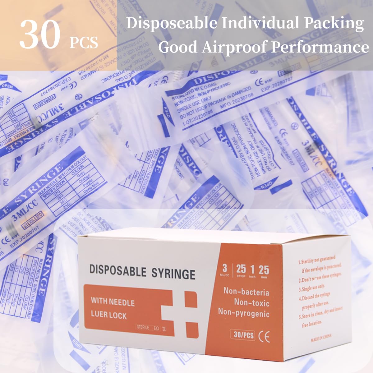 30 Pack 3ml Disposable Syringe with 25Ga 1.0 Inch Needle, Luer Lock Syringes, Individually Wrapped Lab Supplies — Amazon image 6