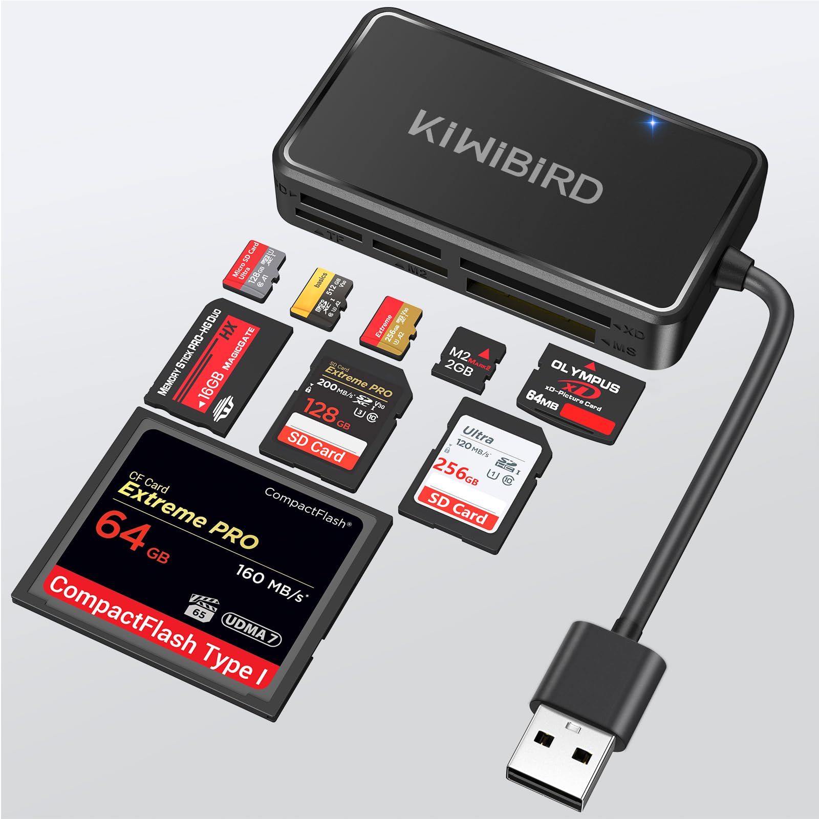 KiWiBiRD Czytnik kart SD USB Compact Flash CF czytnik kart adapter do Memory Stick Pro Duo XD M2 MS TF micro SD, kompatybilny z komputery stacjonarne, laptopy i komputery Mac MacBook