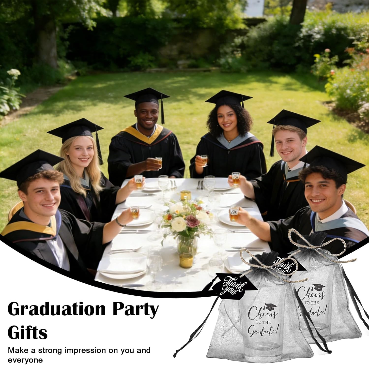 JarThenaAMCS 50 Sets Graduation Party Favors for Guests Black Grad Cap Clear Shot Glasses Thank You Tags Organza Bags with Rope for Congrats Grad Party Supplies