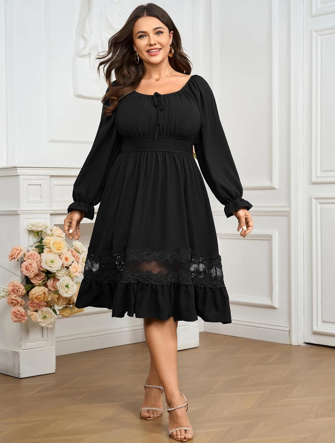 Women's Plus Size Long Sleeve Midi Dress Scoop Neck Smocked Empire Waist A Line Ruffle Hem Lace Trim Flowy Dresses - Image 3