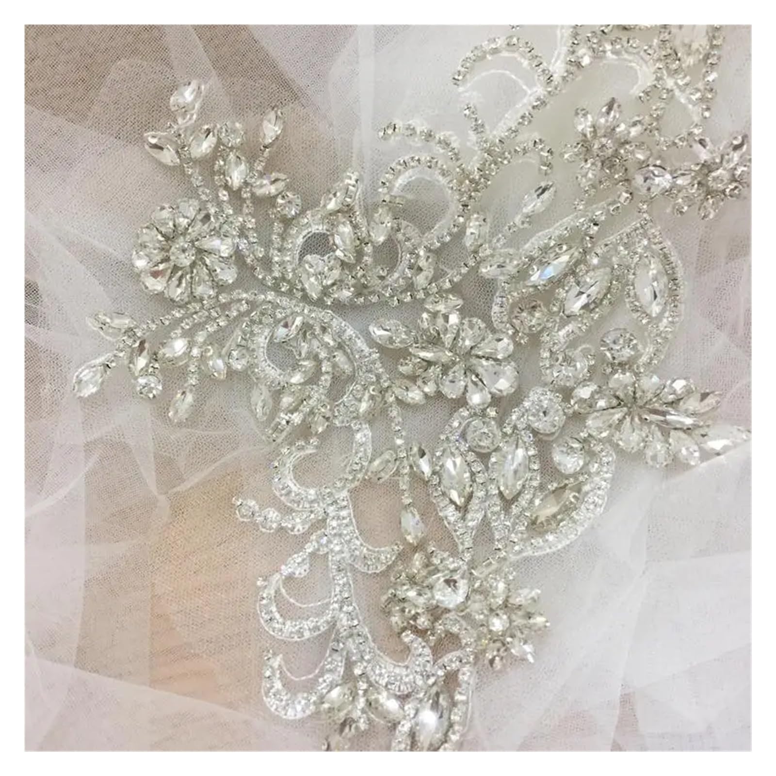 Rhinestone Crystal Appliques, Tulle Crystale Beading Lace Collar With Backing Wedding Dress Belt Bridal Cover Up 15x20(Silver)