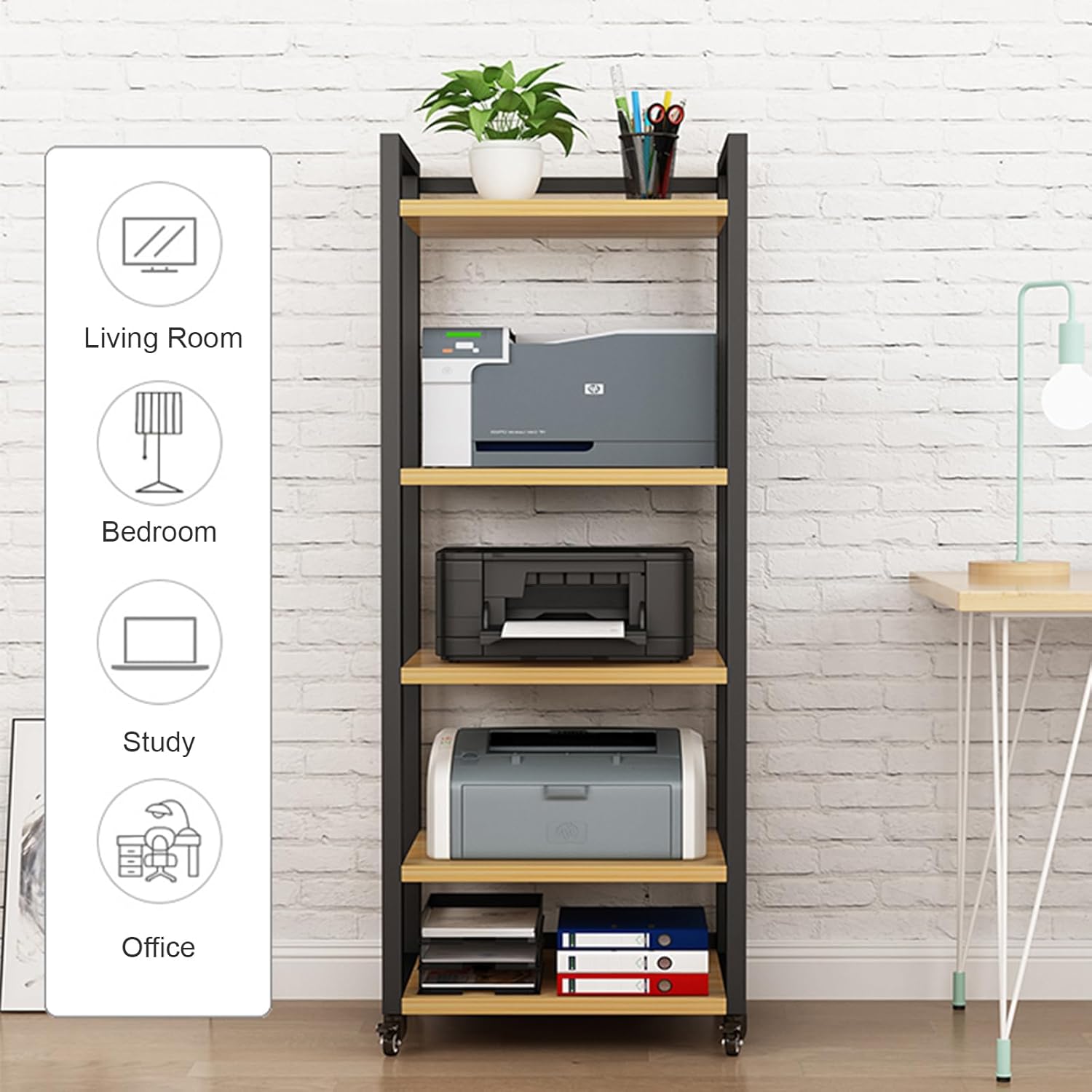 4-Tier AV Media Stand with Wheels Adjustable Height Wooden Shelves Stereo Component Cabinet Storage Rack Audio Rack Tower for DVD Players Game Console TV Box(7-Tier, Black+Teak)