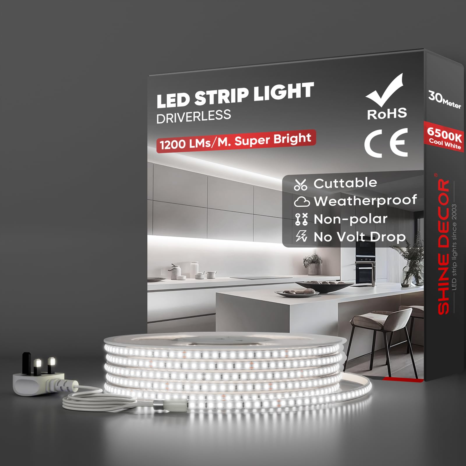 Shine Decor 30m LED Strip Light, AC 220V 230V, IP65 Waterproof, SMD 2835, 120 LEDs/m, Ultra-Bright with UK Plug for Living Room, Kitchen, Wardrobe, Corridors and Garden (Cool White, CE Certified)