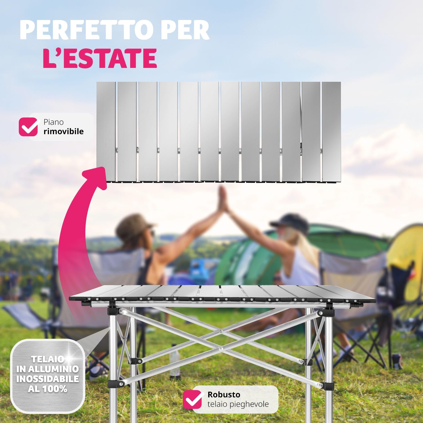 tectake® Tavolo da Campeggio Pieghevole, Telaio in Alluminio, Tavolo Salvaspazio con Pratica Borsa da Trasporto, Resistente alle Intemperie, 70x70x70 cm - Grigio