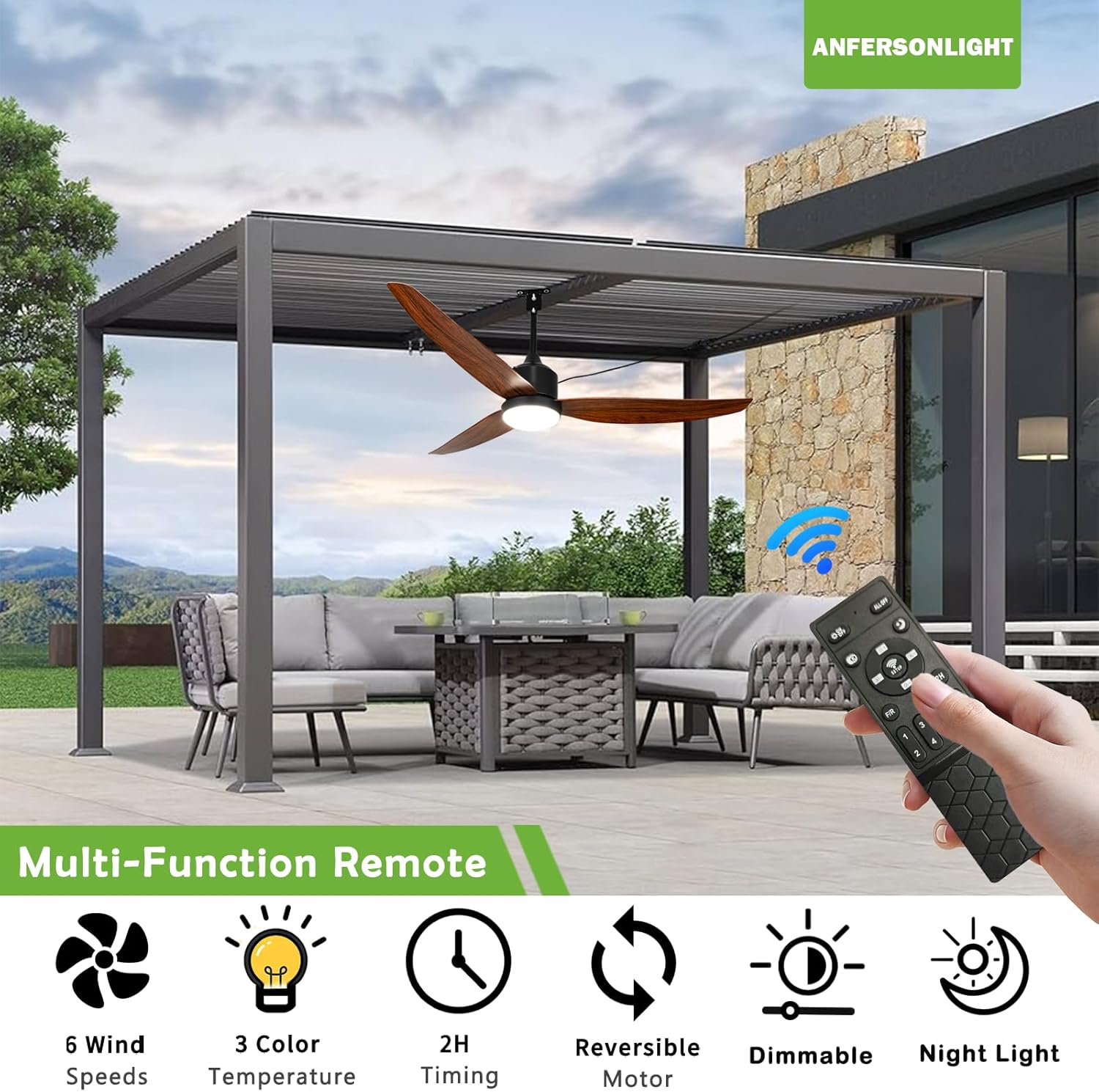 Outdoor Ceiling Fan with Light and Remote, 52-Inch LED 3-Blade Gazebo Fan for Patios, Waterproof DC Motor, 6-Speed Reversible, Dimmable, Timer, 3 Downrods, Walnut Color