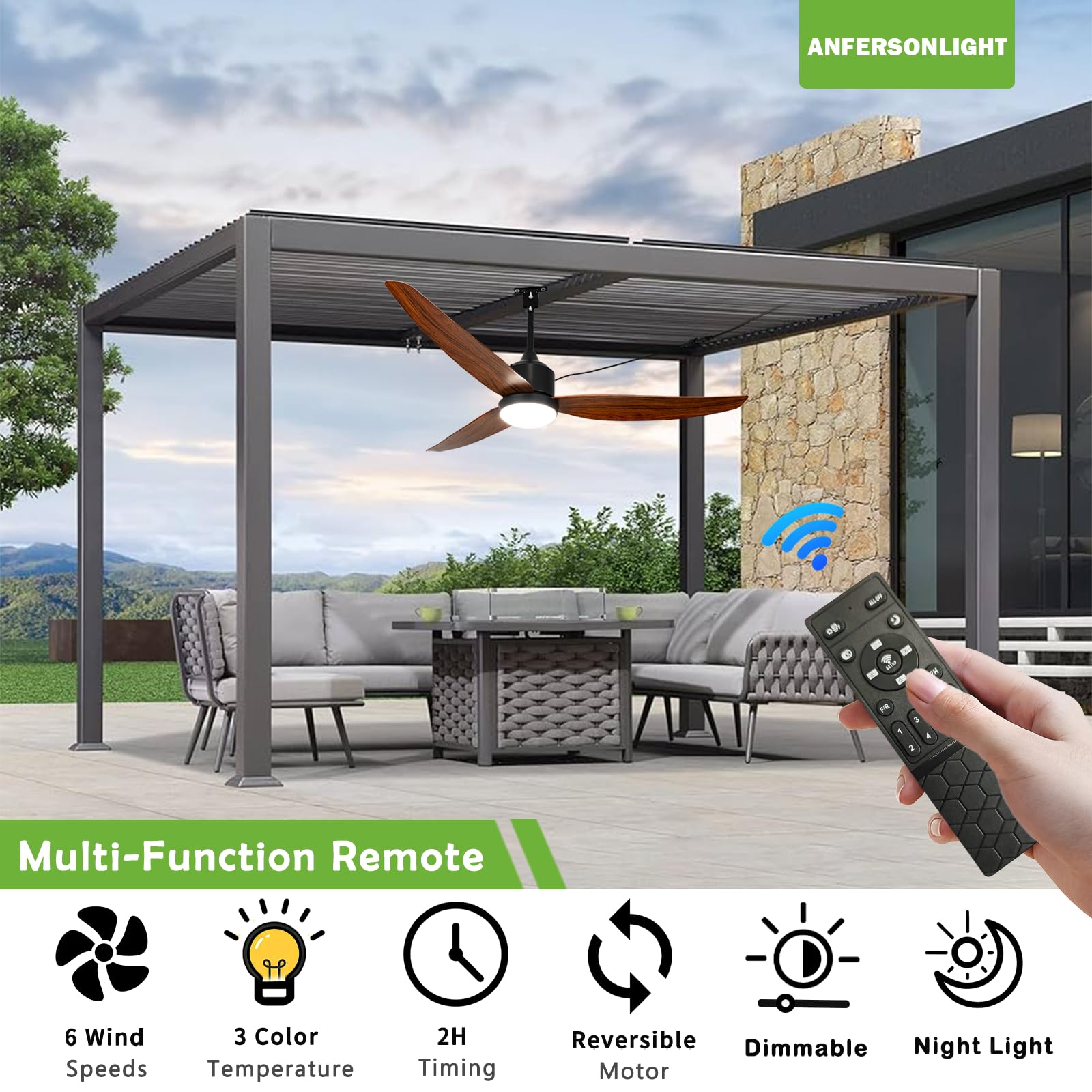 Ventilador de techo exterior con luz y mando a distancia, 132 cm, con 3 alas para tienda de campaña, motor CC impermeable, 6 velocidades reversibles, regulable, temperatura