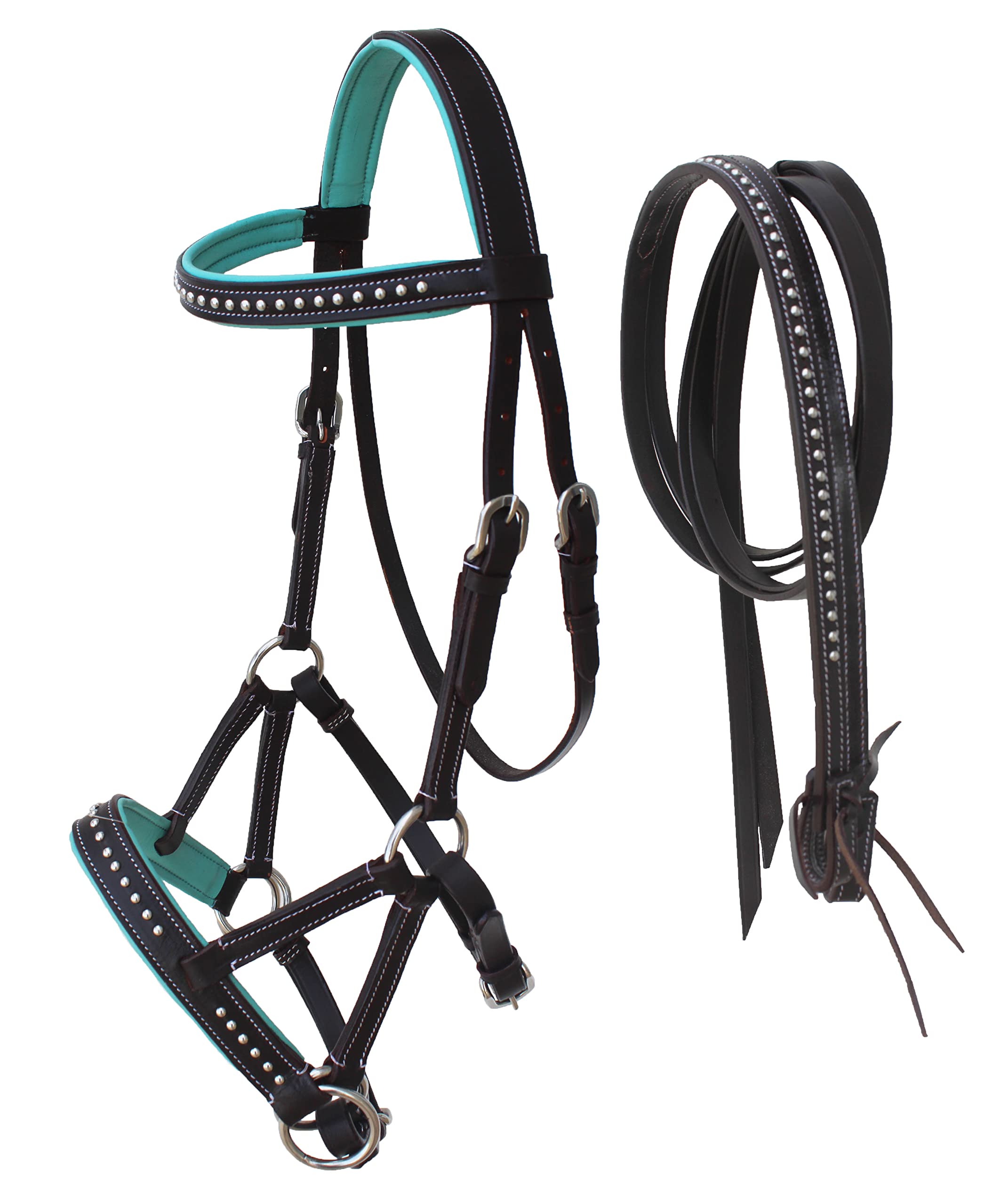 CHALLENGER Horse Western English Leather Bitless Sidepull Bridle Reins Teal 7708BRT-F