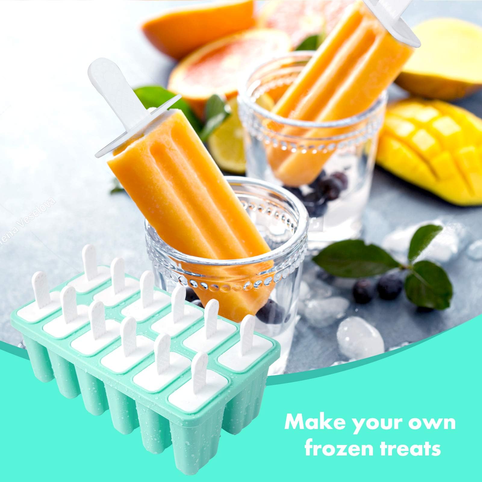 Molde de Silicona para Helados, Reutilizables y Libres de BPA, Incluyen un Cepillo de Limpieza y Embudo de Silicona Plegable, Fácil de Usar para Helados Caseros (12 Cavidades - Verde)