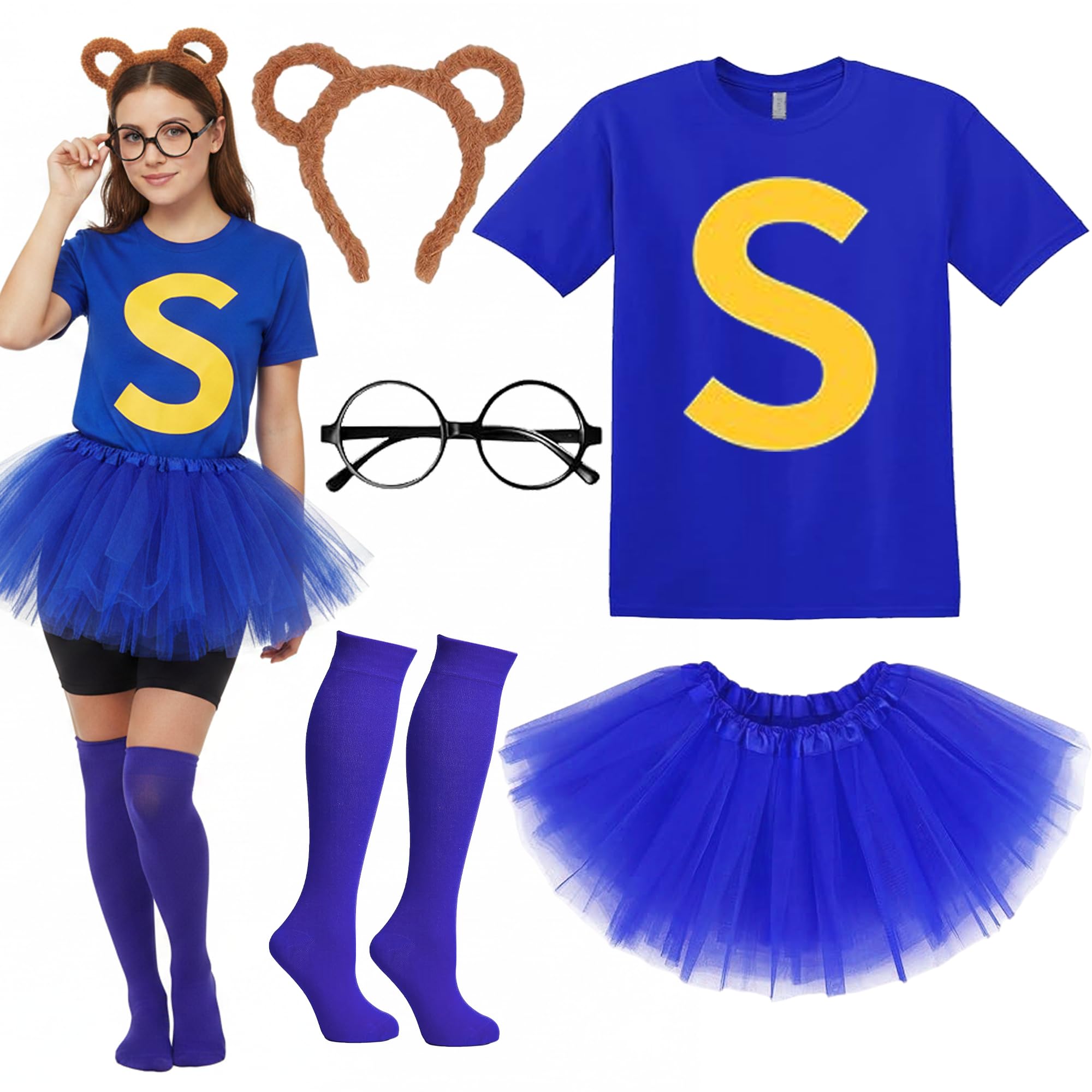 Fictoria Chipmunks Costume Fancy Dress - Blue T Shirt Tutu Skirt Knee High Socks Round Glasses and Ear Headband, 5Pcs Animal Cosplay Accessories for Adults Teens Halloween World Book Day (M)