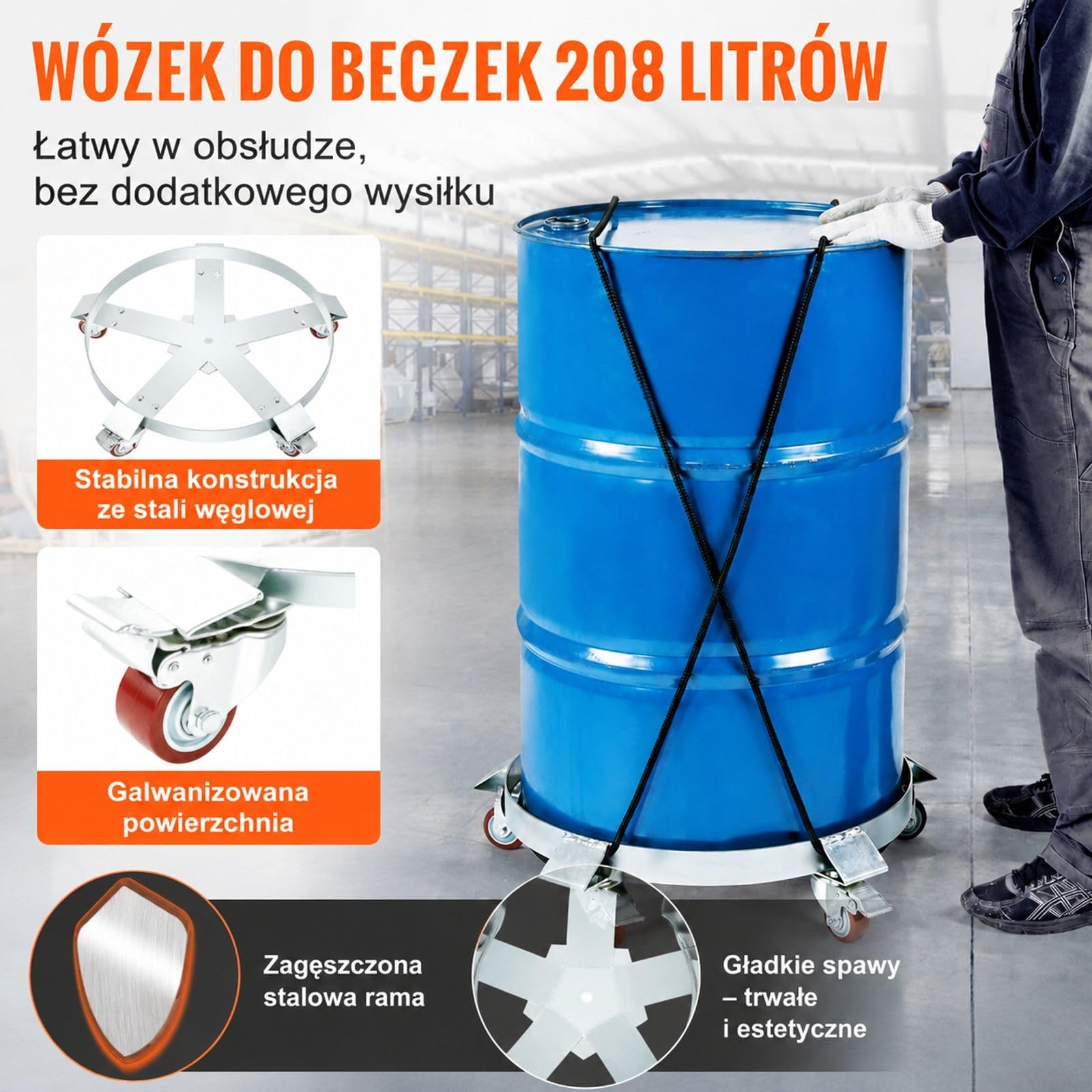 Mobilna podstawa wózkowa 250 l ze stali węglowej, 5 kół obrotowych, 2 hamulce, srebrny