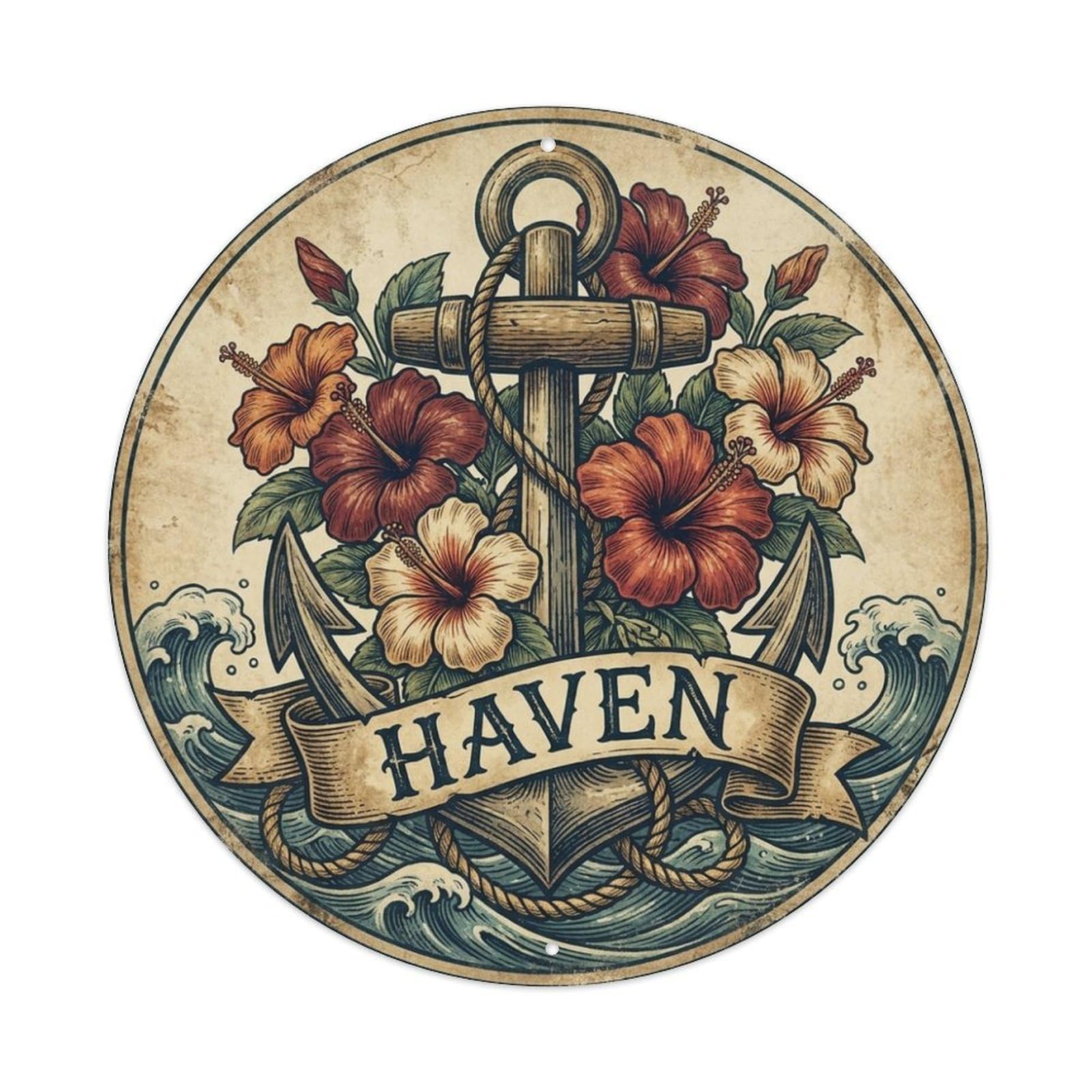 Haven Hibiscus Anchor Seafaring Mark Maritime Metal Tin Sign