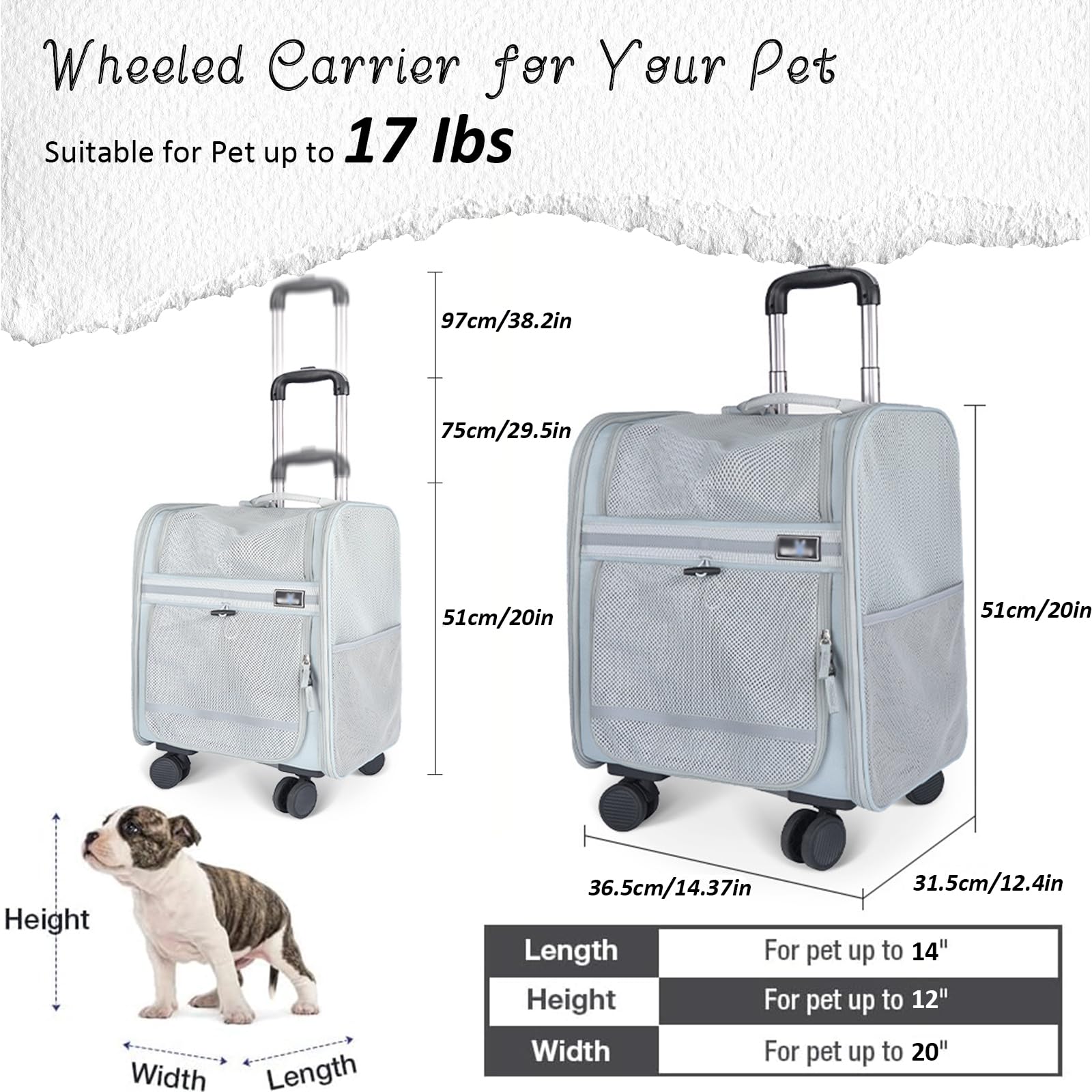 Transportin Gato con Ruedas, Mochila con Carrito para Mascotas, Transportin Gatos Perros De Menos De 8KG con Ruedas Y Varilla Telescópica, Bolsa Transporte De Viaje Transpirable