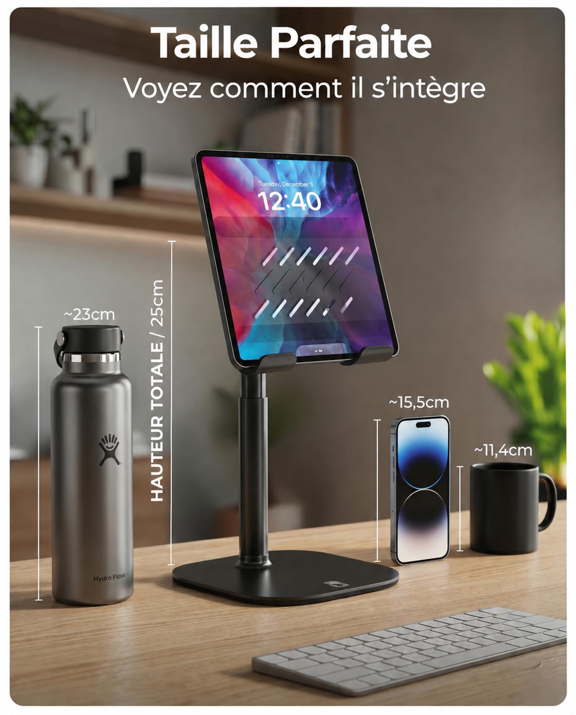 COOPER TabHolder, Support Tablette réglable 18-25 cm, Support iPad Bureau Premium, inclinable 270° pour moniteurs 15,6-17", Compatible iPad, Kindle, Surface, Samsung Galaxy Tab - Noir Nuit