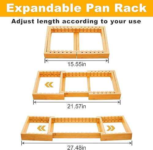 Miniatura 7 de MinBoo Organizador de tapa de olla expandible de bambú, organizador de ollas y sartenes, organizador de cajones para tapas de ollas, divisores